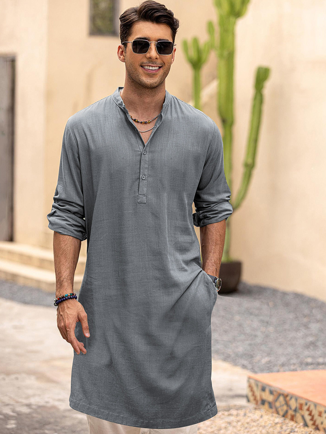 Anouk Grey Band Collar Roll-Up Sleeves Cotton Straight Kurta