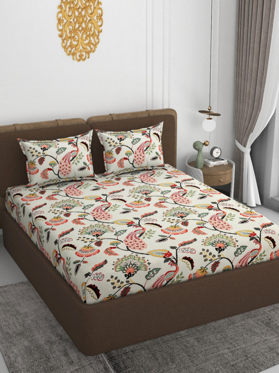 VOMZER Ft-Cream Anokhi White Floral Cotton 210 TC Fitted King Fine Bedsheet with 2 Pillow Covers-78 x 72 inches