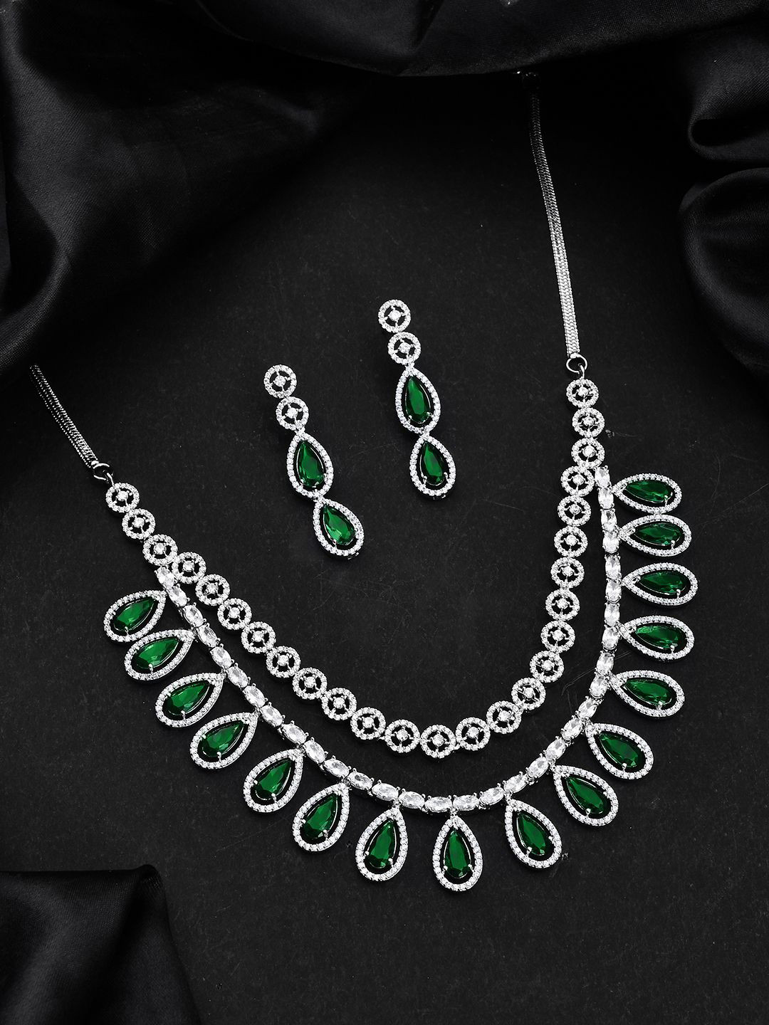 Voylla Sparkling Essentials Emerald Cascade Layered American Diamond Necklace Set