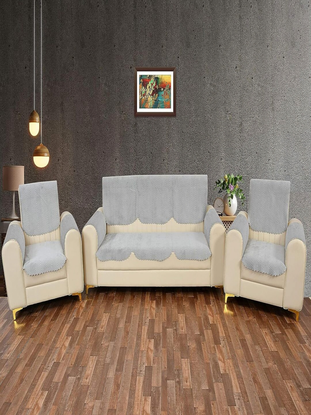 Fashion Throw Grey 12 Pieces Quilted Five Seater Velvet Sofa Covers