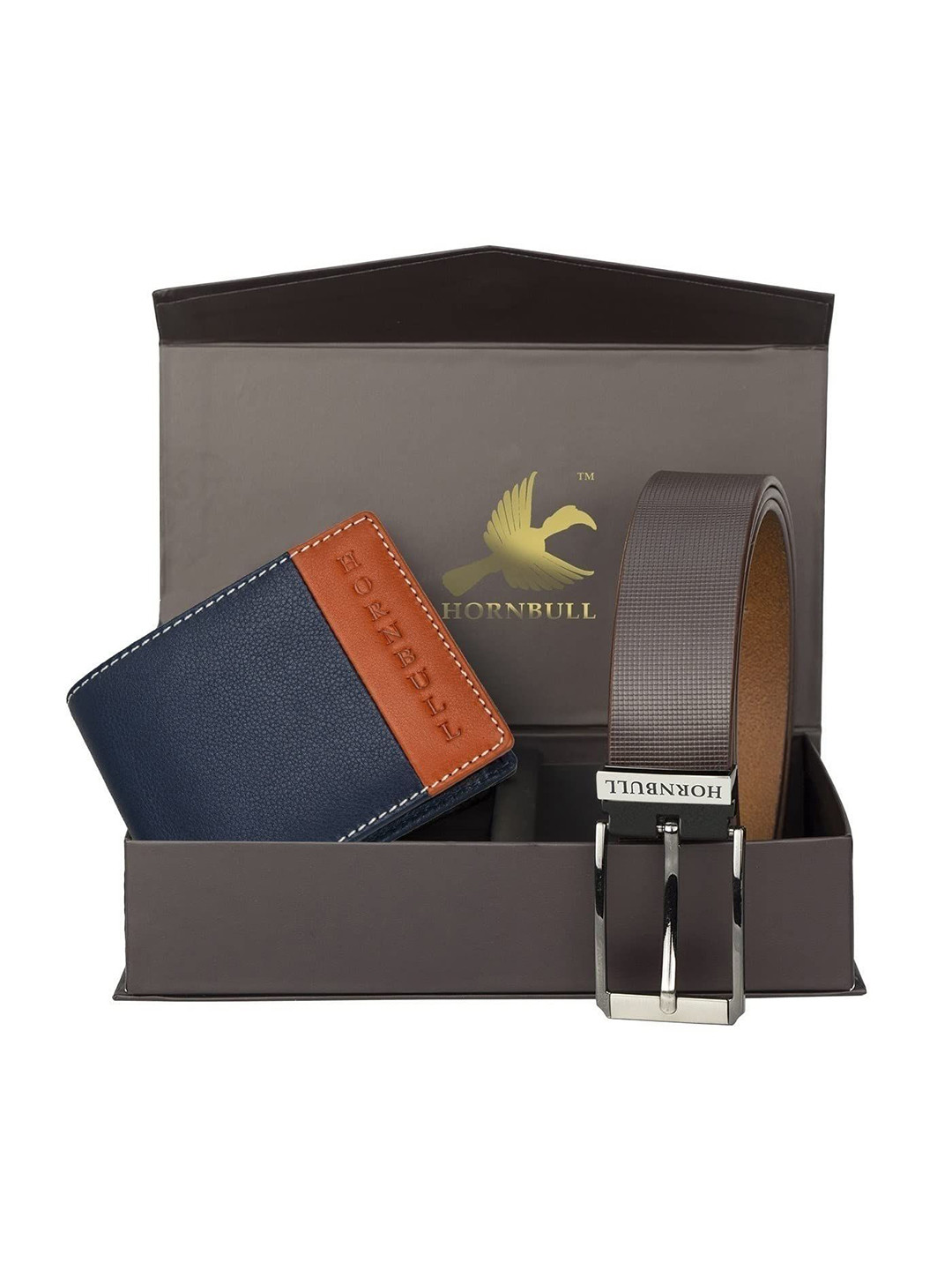 Hornbull Taylor Leather RFID Safety Navy-Rust Wallet & Brown Belt Accessory Gift Set