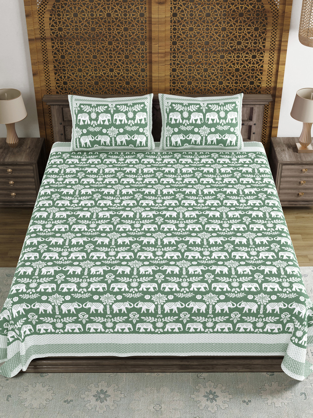 Myntra Elegant Homes Casement Green Ethnic Motifs Cotton 210 TC King Fine Bedsheet with 2 Pillow Covers-269 x 269 cm