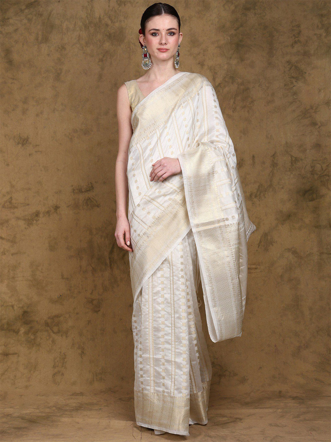 Exotic India Art Silk Banarasi Saree  with Golden Zari Woven Polka Dots and Stripes