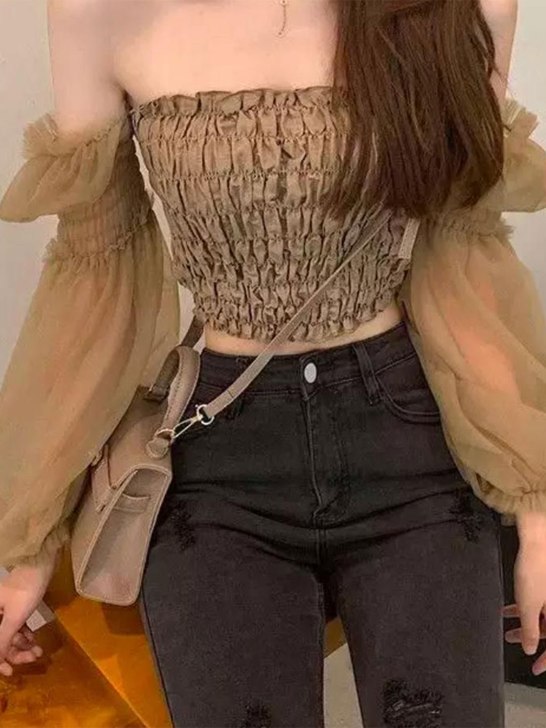 MADE FOR HER LABEL Women Agata Square Neck Puff Sleeves Smocked Fitted Crop Top