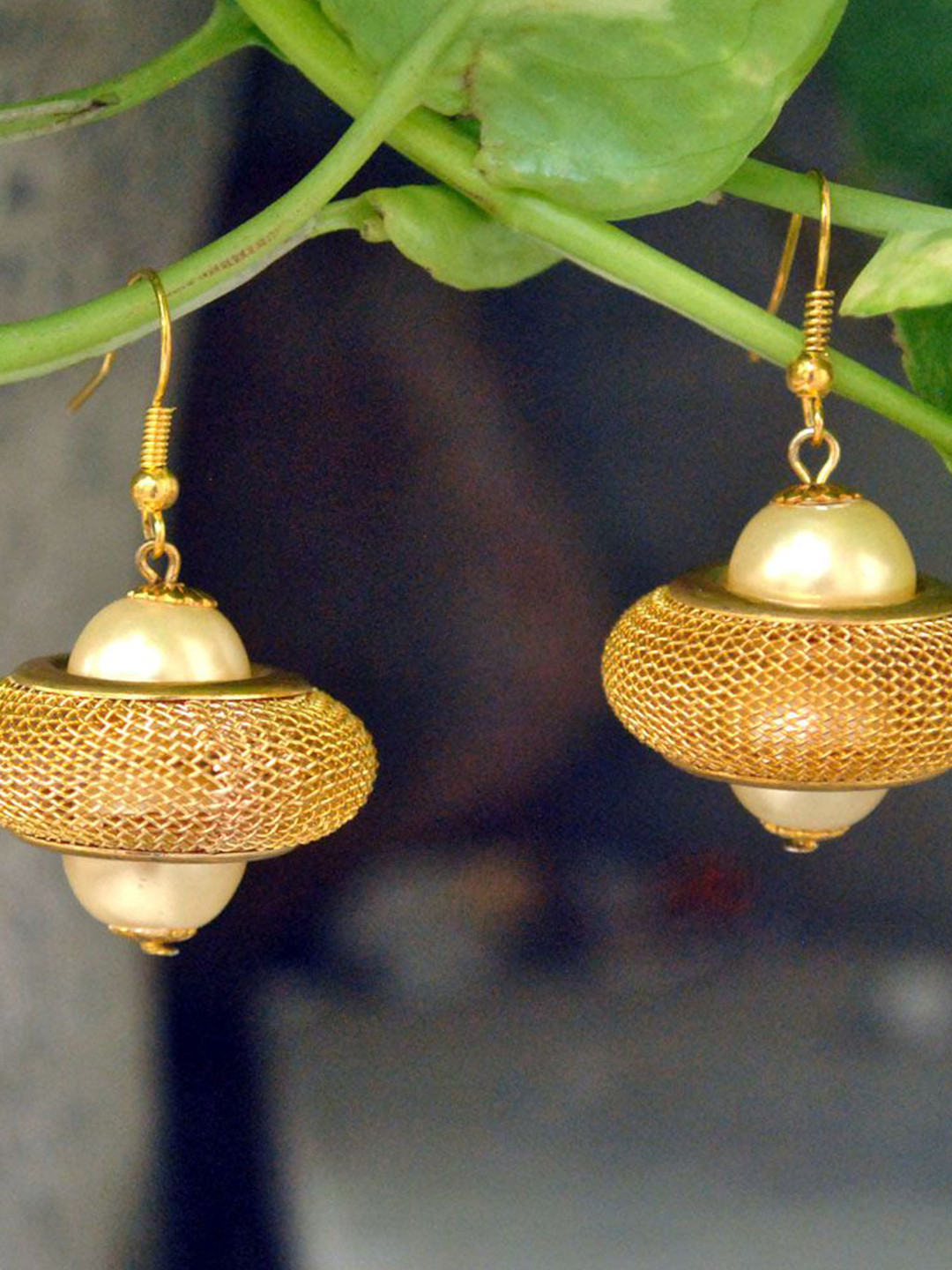 BeAbhika Gold-Plated Pearls Contemporary Golden UFO Drop Earrings