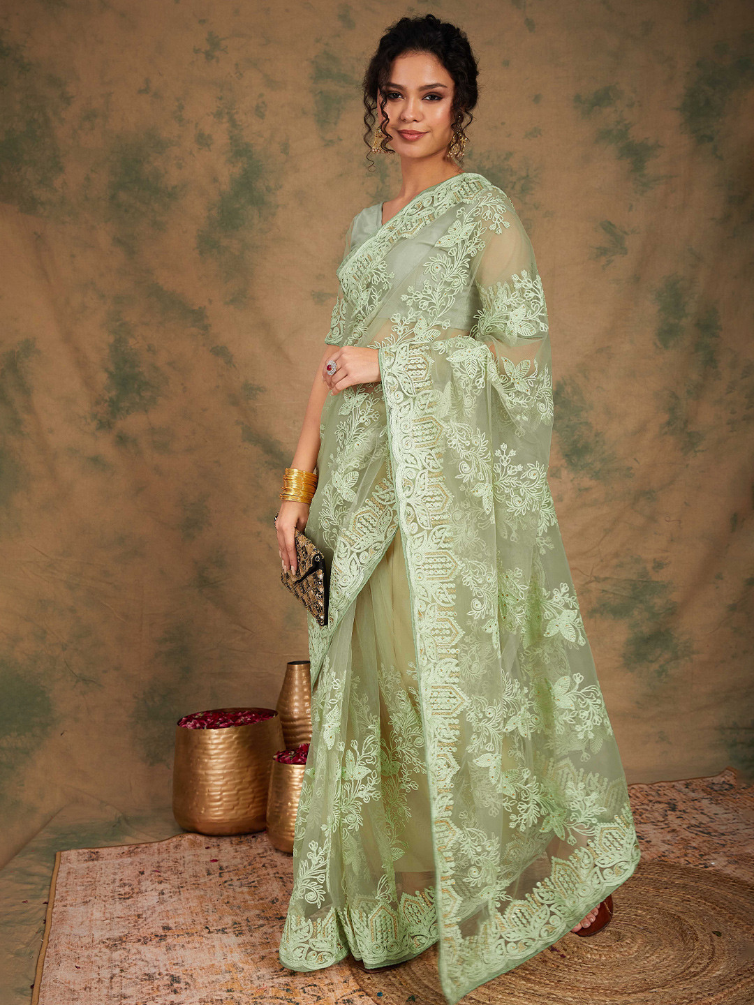 DEVATITHI Pista Green Net Saree