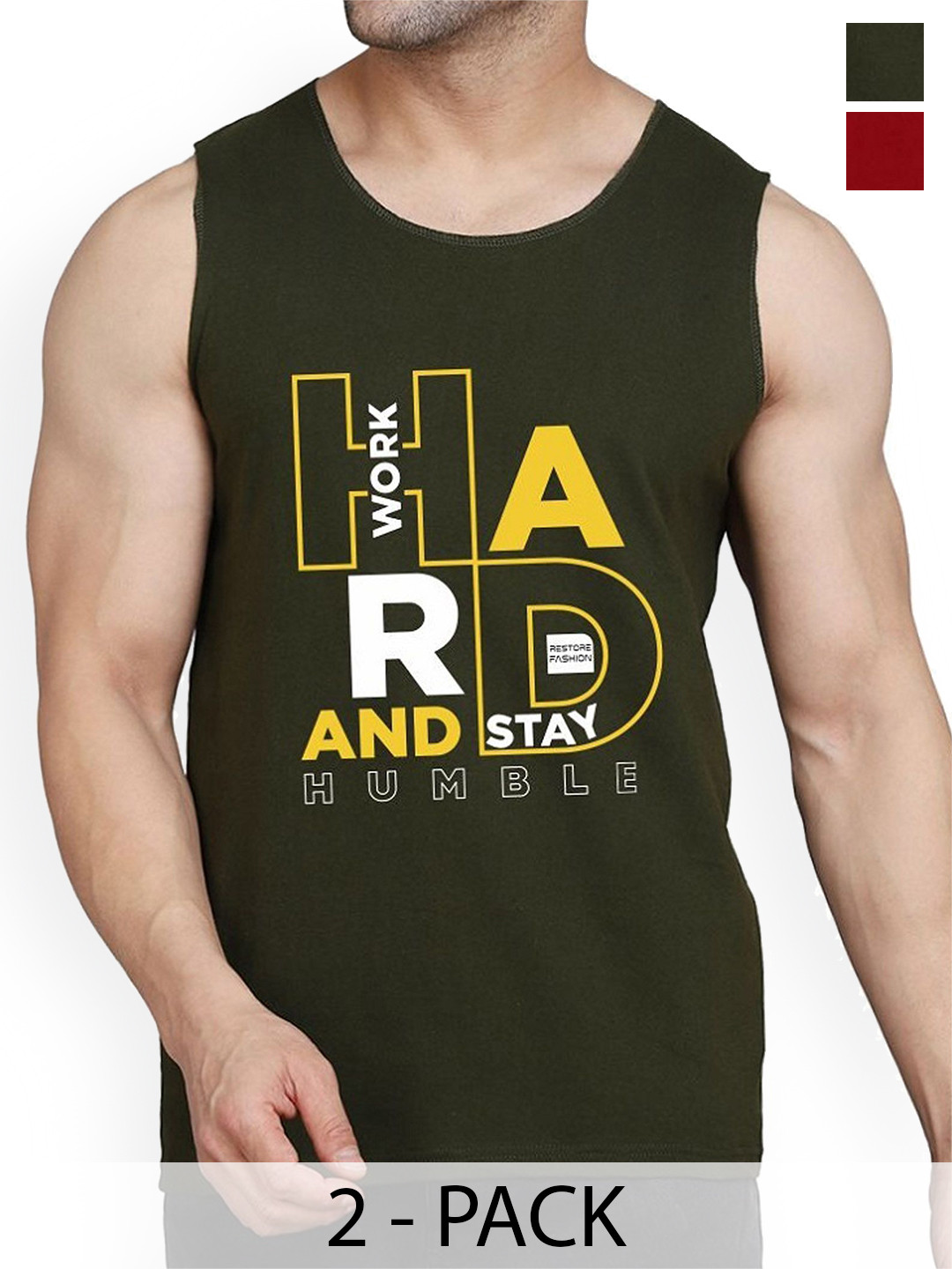 WOOSTRO Pack Of 2 Printed Cotton Gym Vests RS26 CMB (HARD OLIVE) (MORE MAROON)