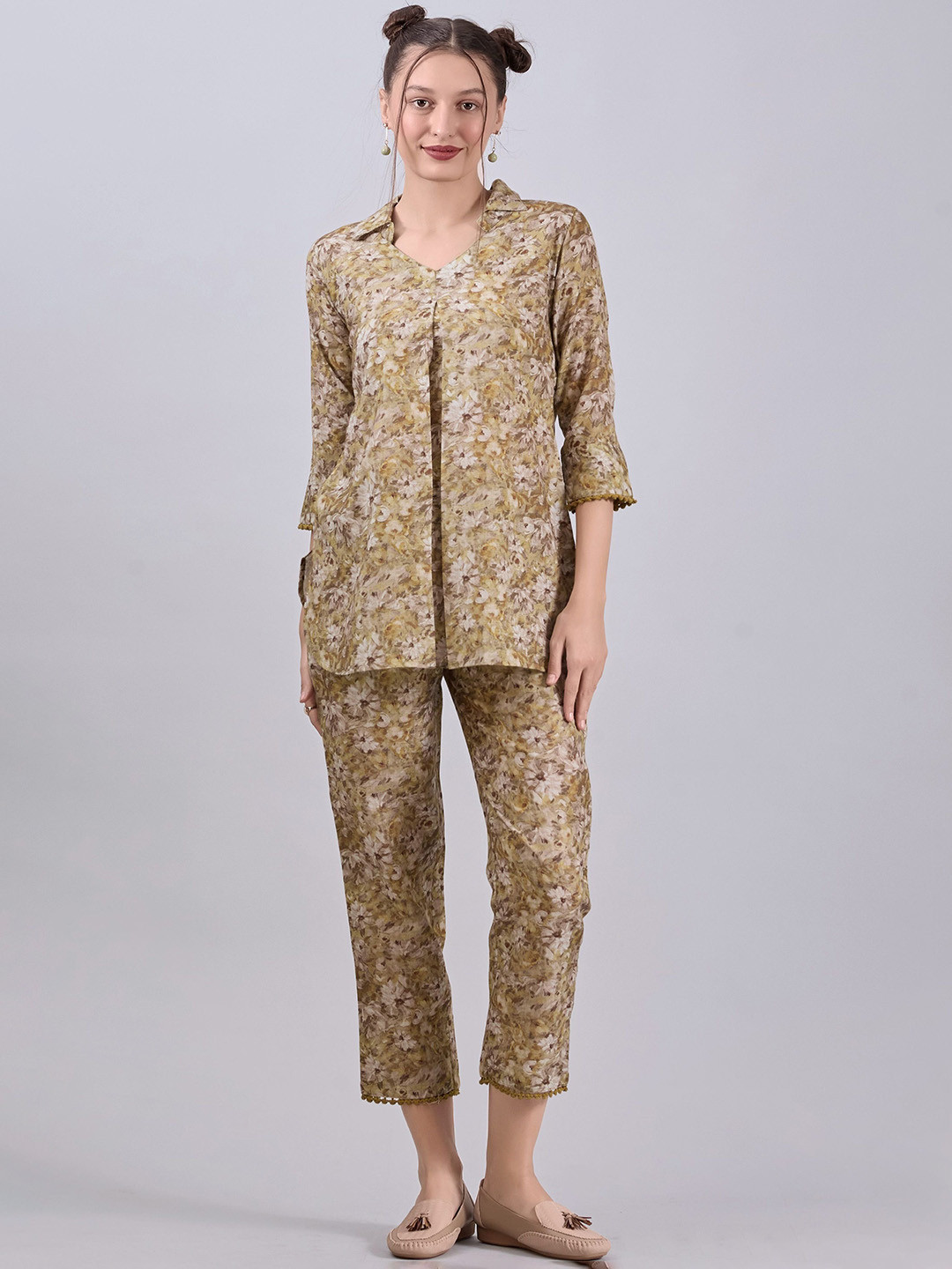 DressBerry Floral Printed Shirt Collar Tunic With Trousers