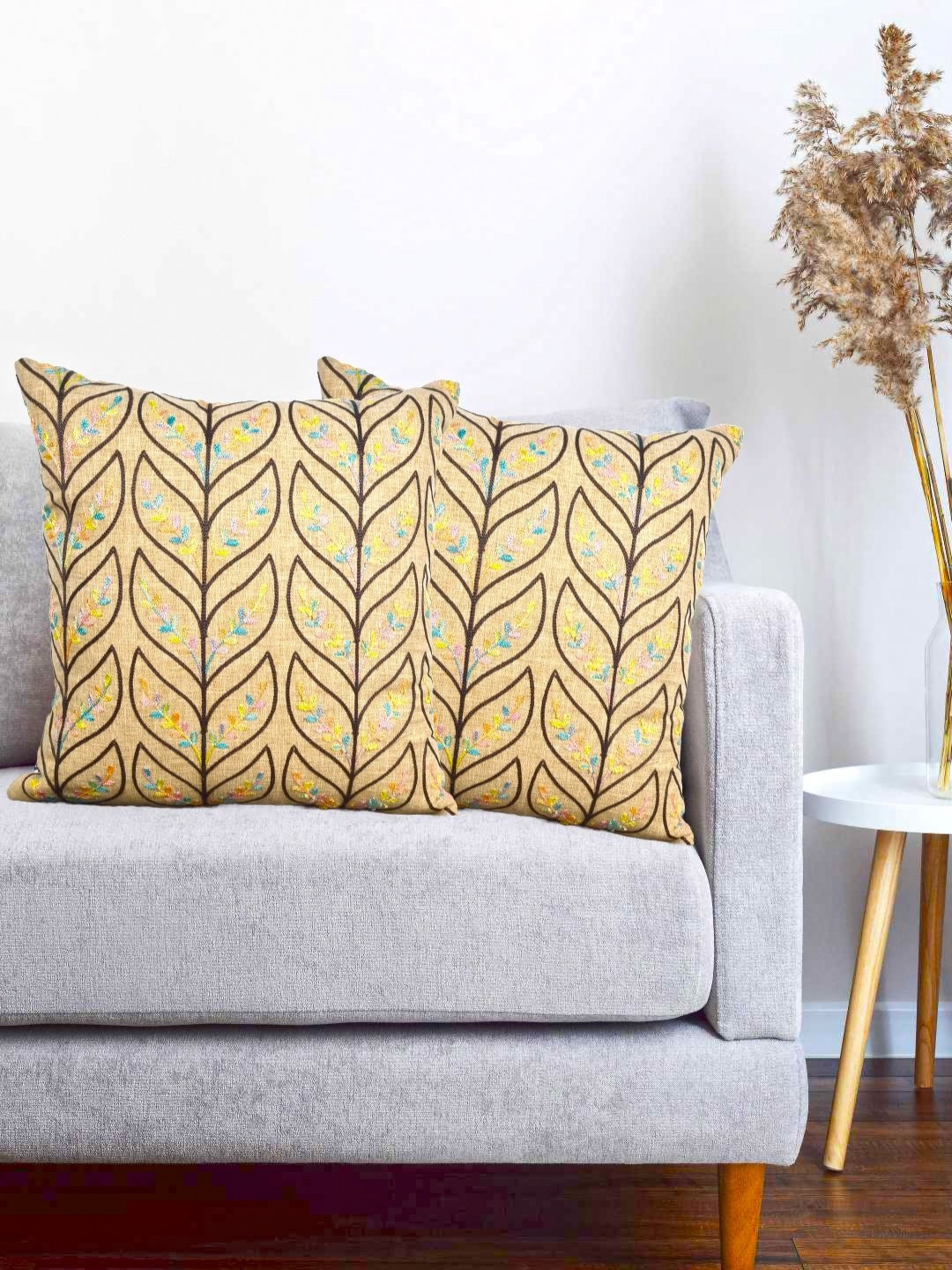 Vinayaka Fab Beige And Blue 2 Pieces Floral Embroidered Linen Square Cushion Covers