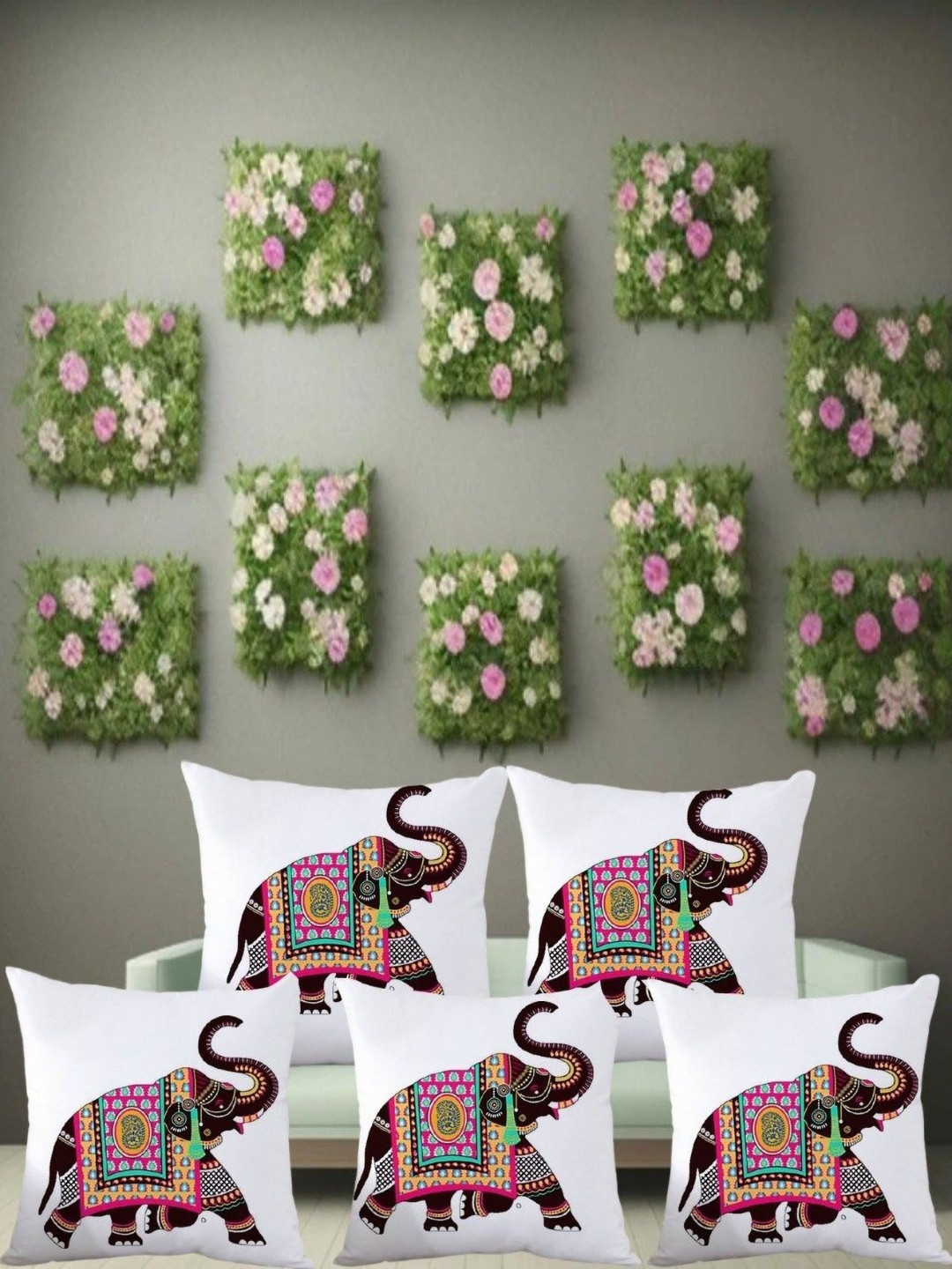 JEXHOME White Ethnic Motifs Satin Breathable 5 Piece Square Cushion Covers -16x16In