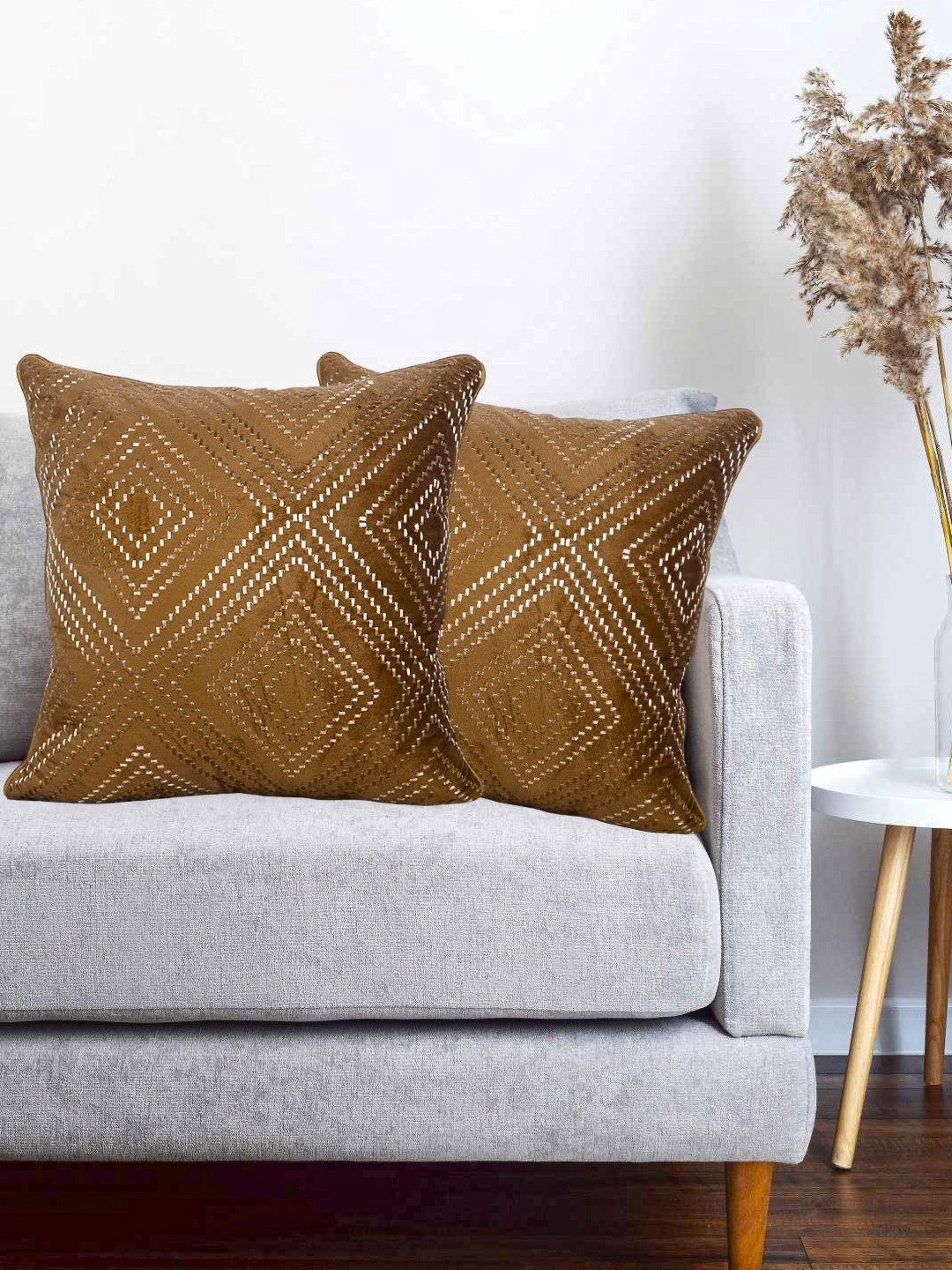 Vinayaka Fab Gold Velvet Washable 2 Piece Embroidered Square Cushion Covers -16x16In