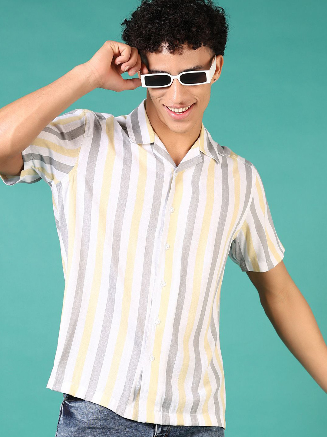 V-Mart Men Cuban Collar Vertical Striped Cotton Casual Shirt