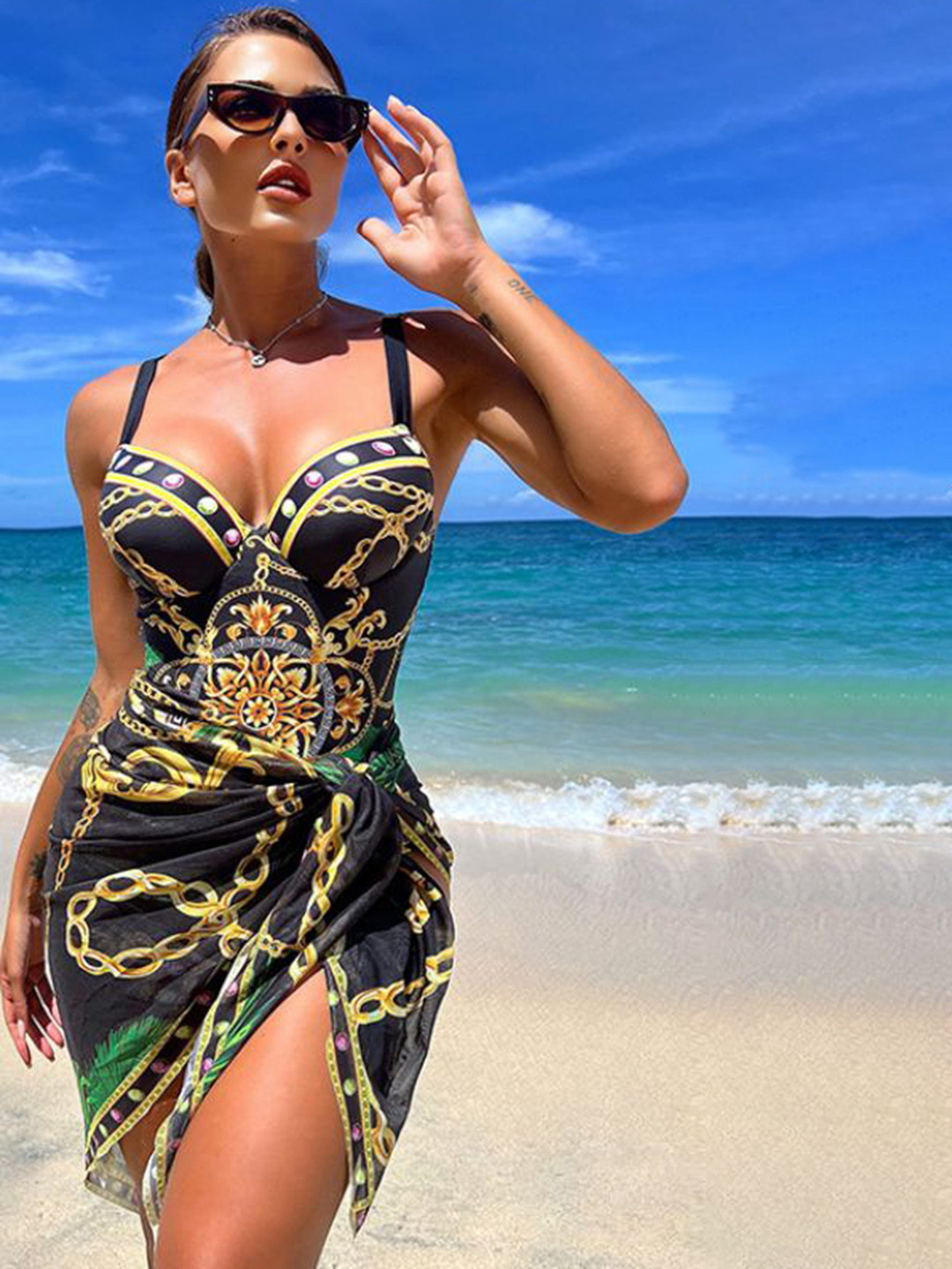 Plus Curvves Women Printed Shoulder Strap Swim Bodysuit With Beach Skirt