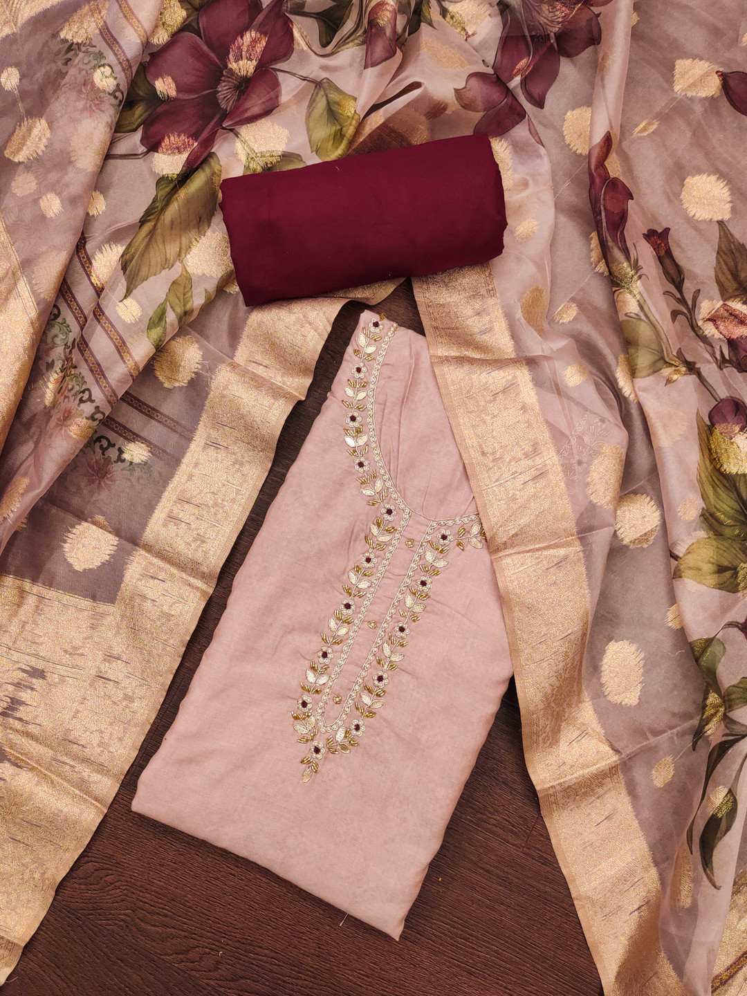 Blissta Floral Embroidered Beaded Work Unstitched Dress Material