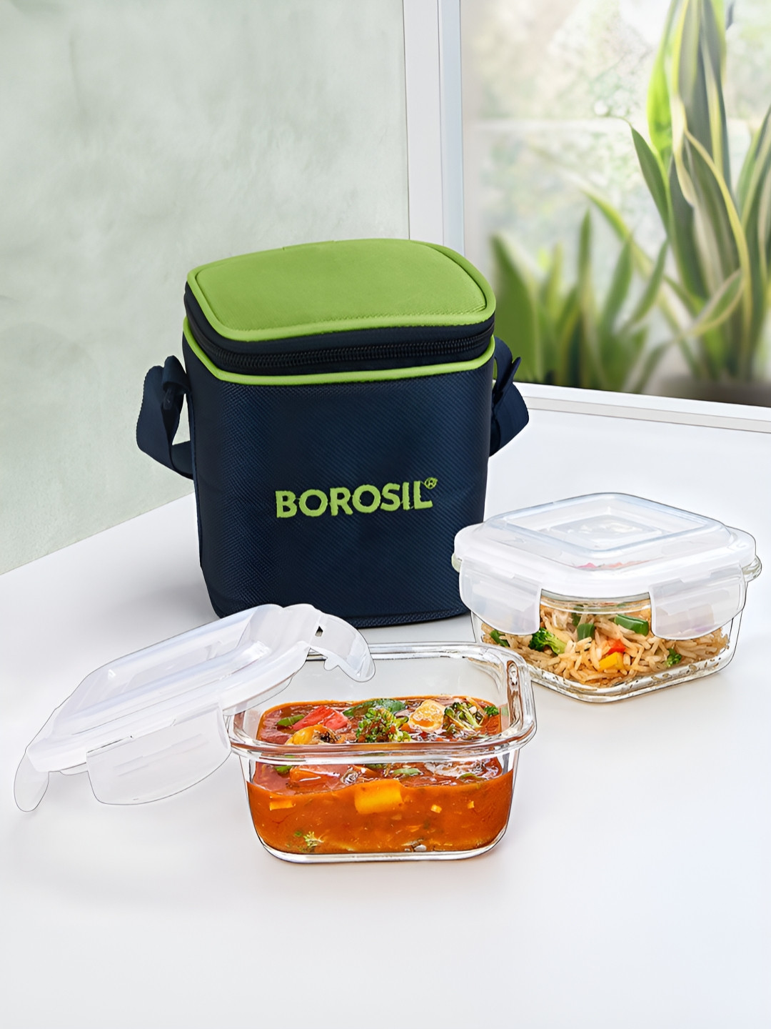BOROSIL Alfa Green Solid Glass Microwave Safe 3PCs Lunch Box With Spoon and Fork