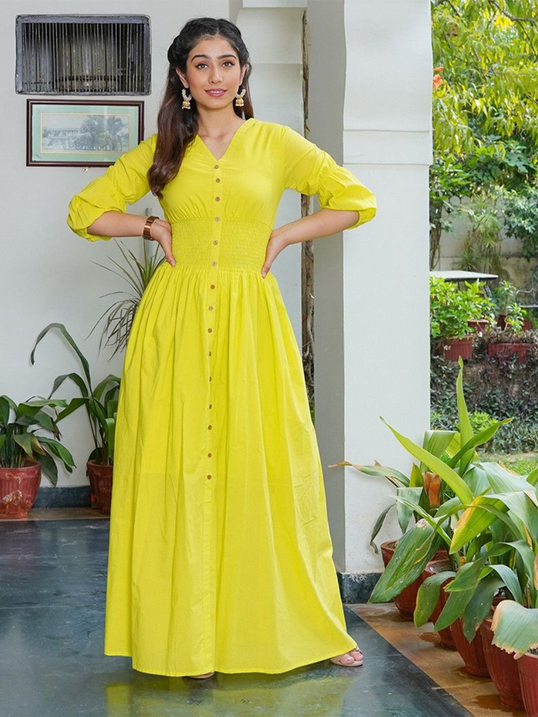 KAJODI V-Neck Puff Sleeves Smocked Cotton Maxi Dress
