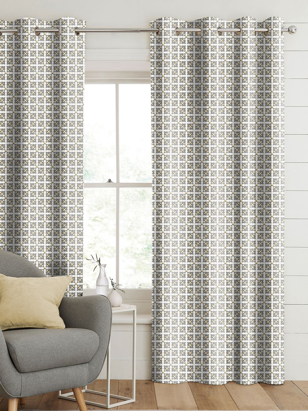 CASABLEU Anthem Doha Gold-Toned 2 Pieces Geometric Printed Room Darkening Door Curtains