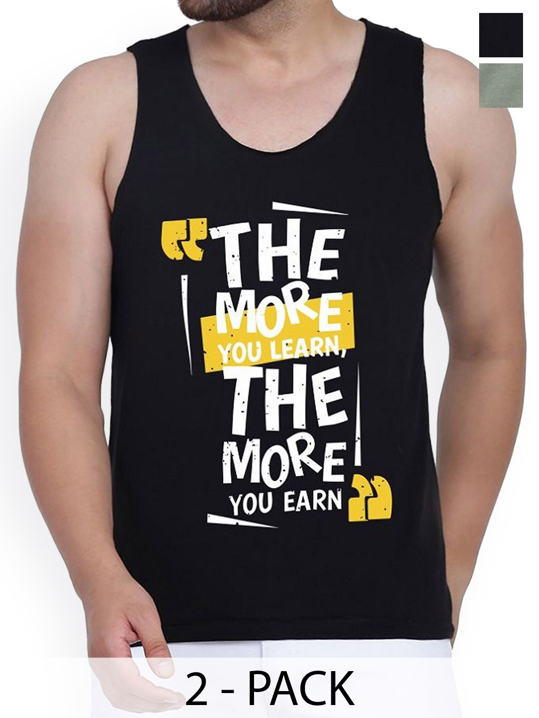 Woostro Pack Of 2 Printed Cotton Gym Vests RS26 CMB (MORE BLACK) (MORE LGTGREEN)