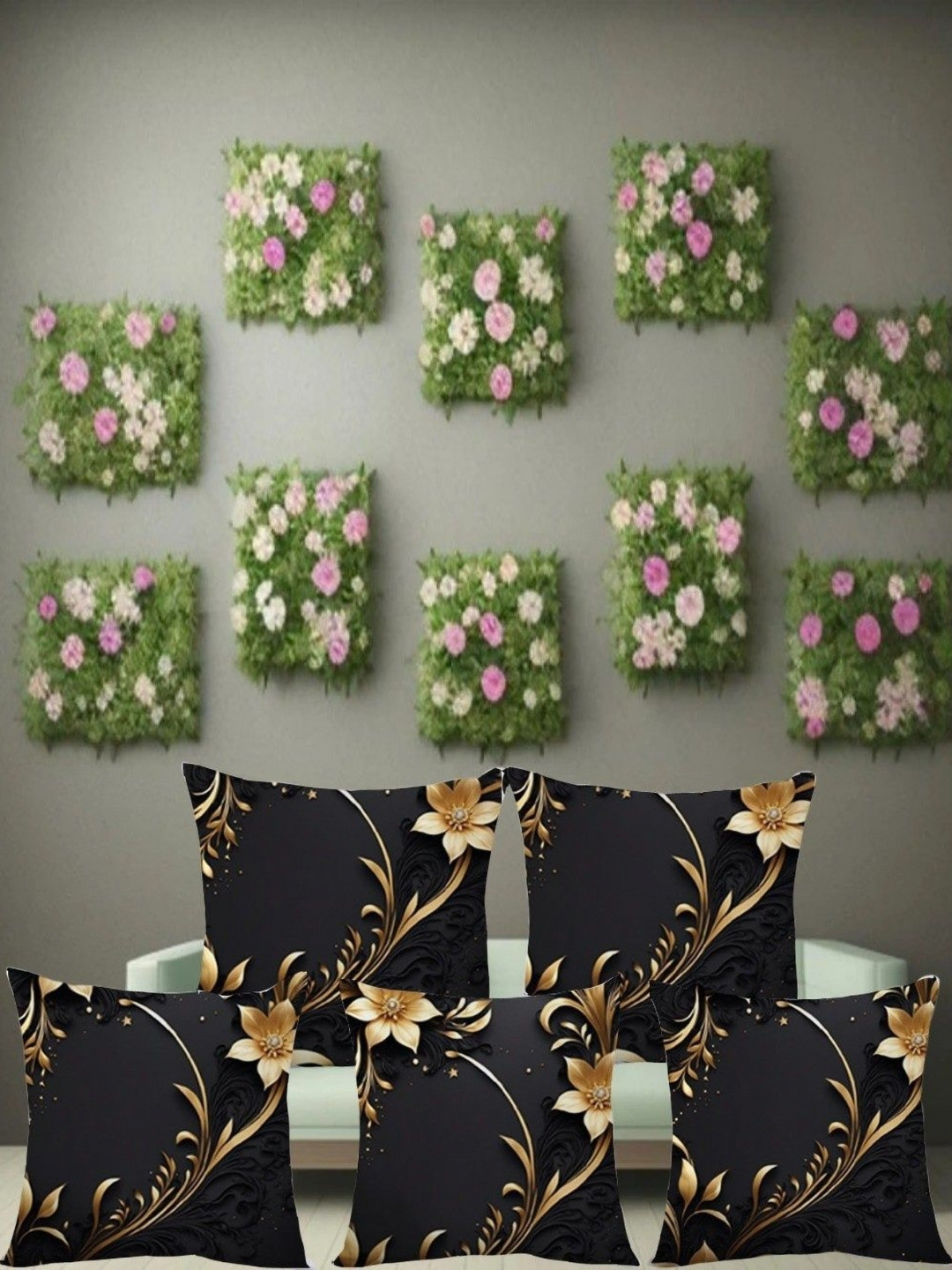 JEXHOME Black 5 Pieces Floral Printed Satin Square Cushion Covers