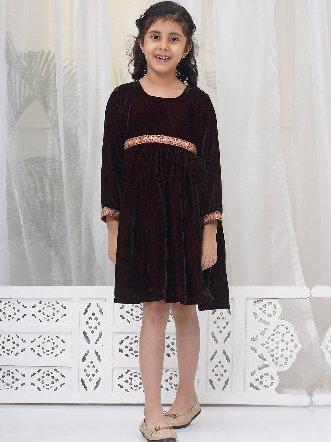 Little Bansi Girls Cotton Velvet Three Fourth Sleeves Frock with Modern Lace Work