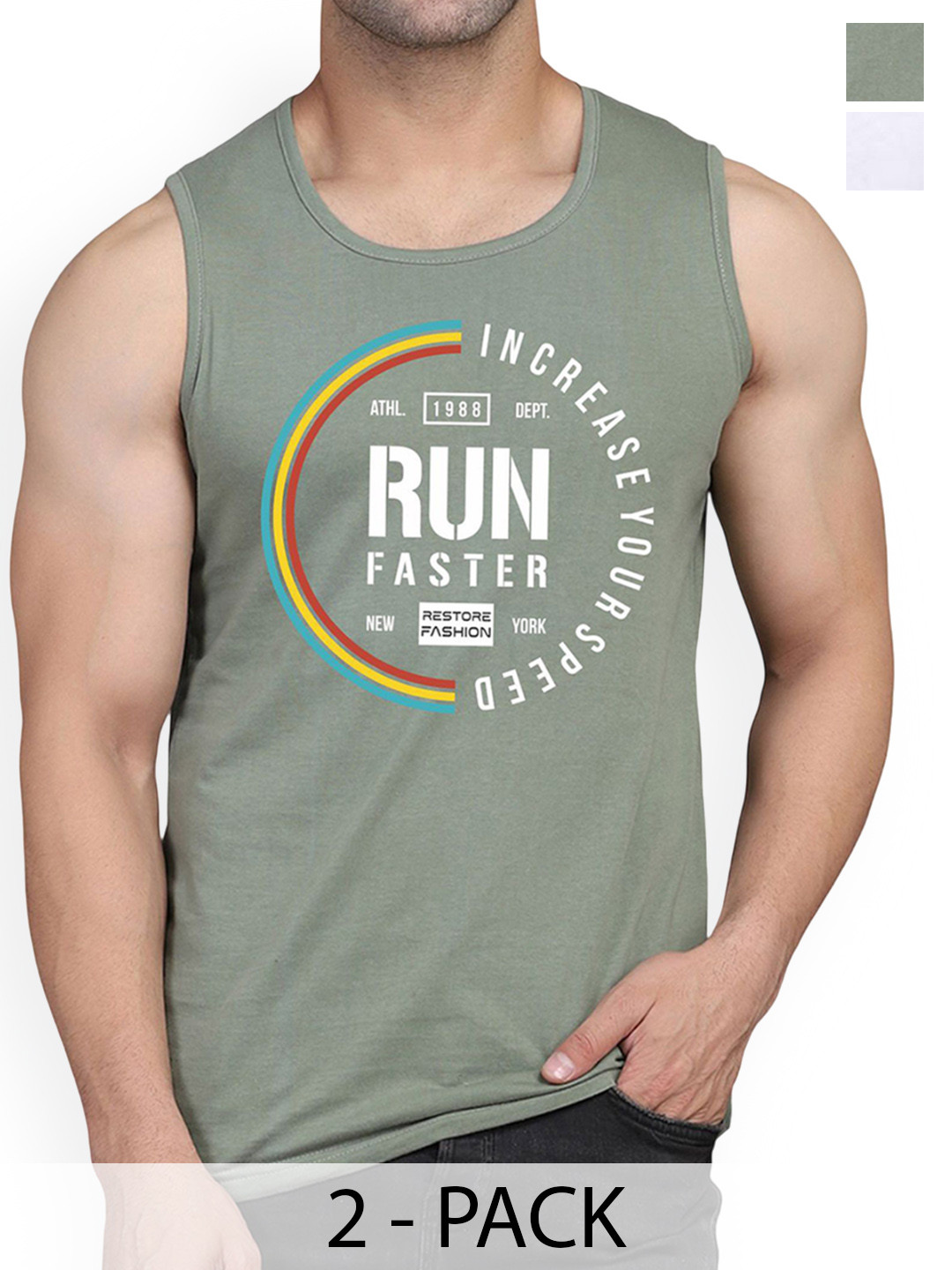 WOOSTRO Pack Of 2 Printed Cotton Gym Vests RS26 CMB (HARD WHITE) (RUN LGTGREEN)