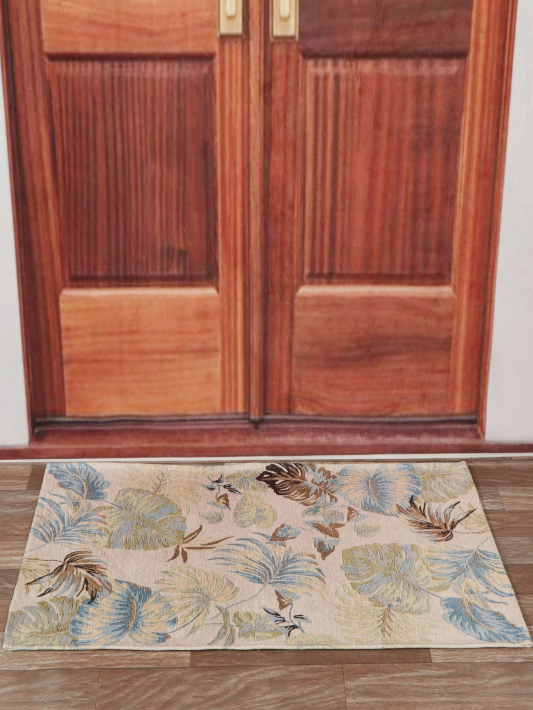 Aura Beige & Blue Leaves Printed Anti Skid Doormat