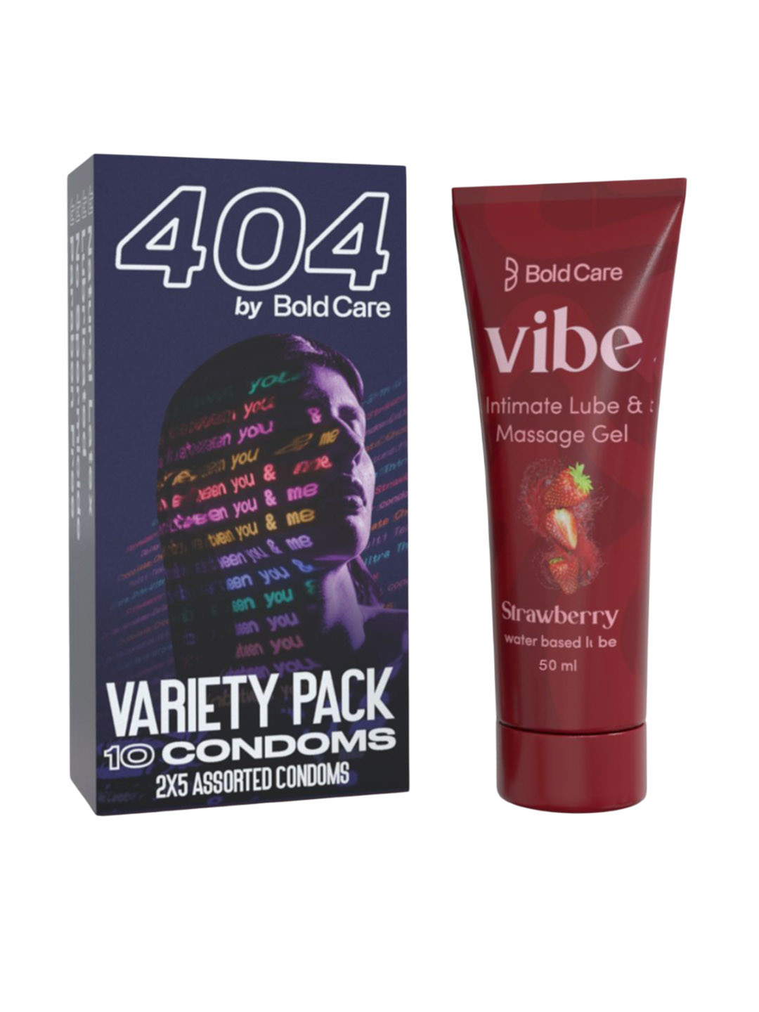 Bold Care Set Of Vibe Intimate Strawberry Lube 50ml With 404 Variety Pack Condoms - 10Pcs