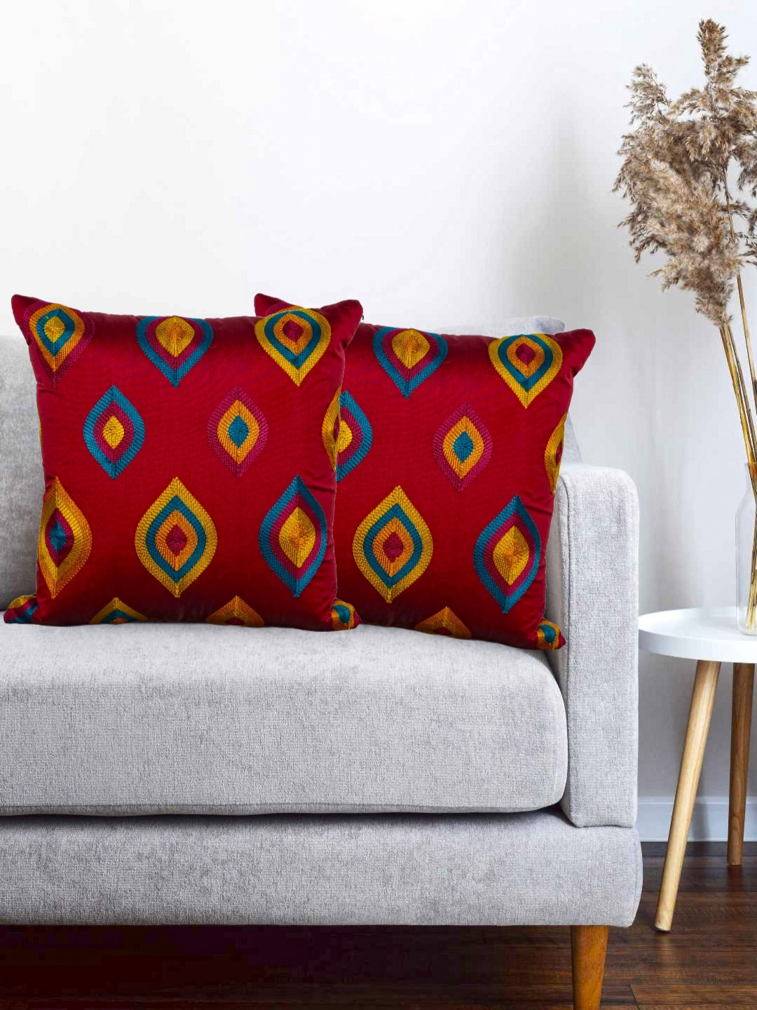 Vinayaka Fab Red And Blue 2 Pieces Embroidered Silk Square Cushion Covers