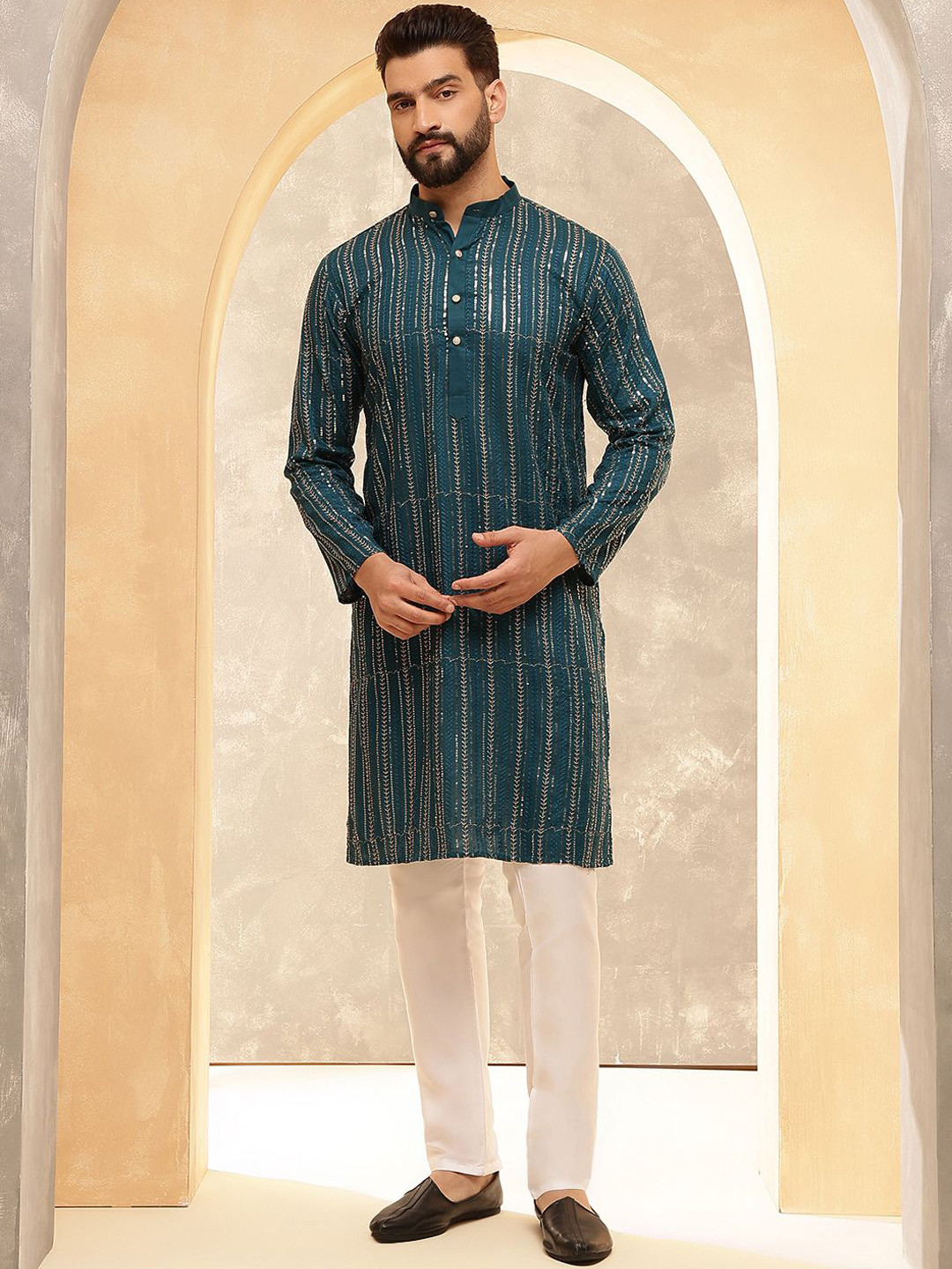 Anouk Blue Geometric Embroidered Sequence Band Collar Straight Kurta
