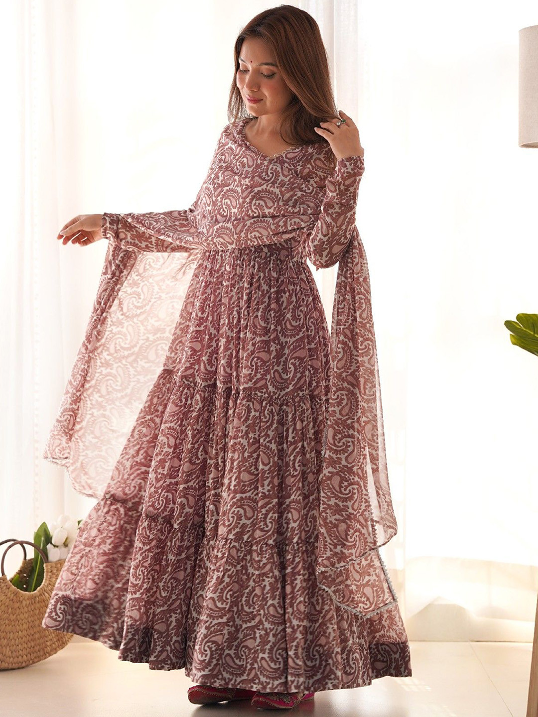 Yara Creation Paisley Printed Layered Pure Soft Georgette Kurta With Trousers & Dupatta