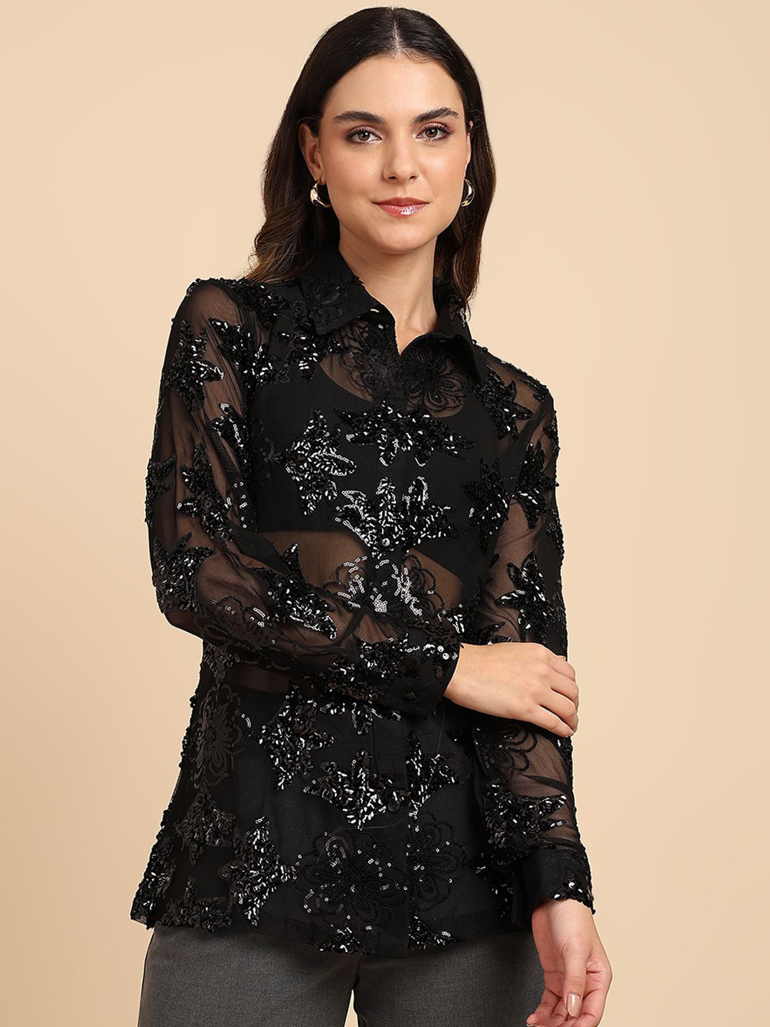 SAFFE Self Design Sheer Shirt Style Top