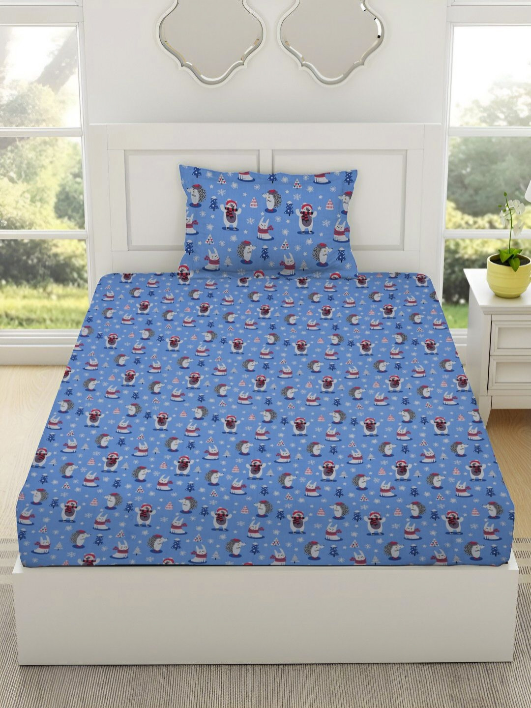 Myntra Elegant Homes Blue Animal Cotton 144 TC Single Bedsheet with a Pillow Cover-60 x 90 inches