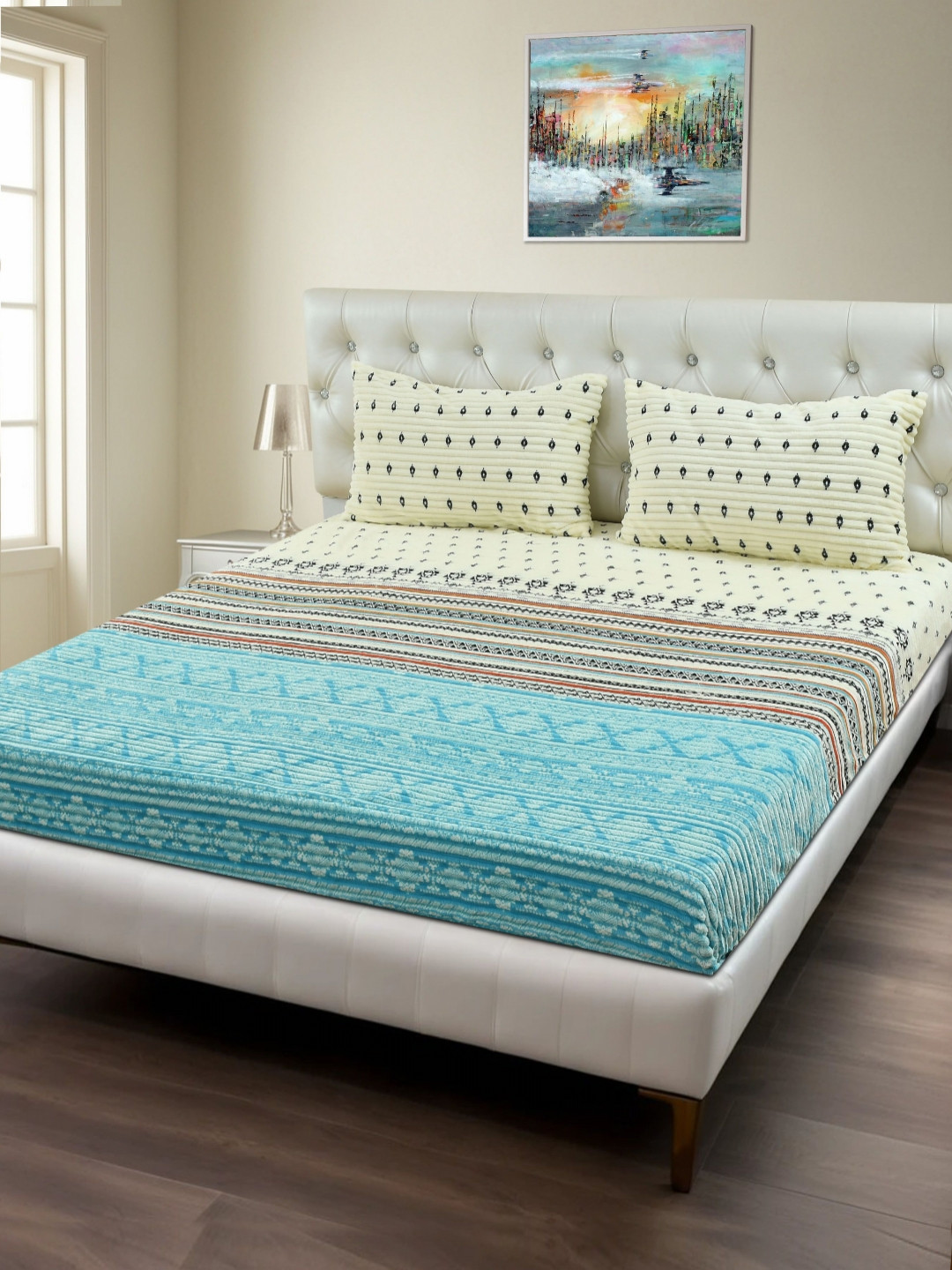 MORADO Sea Green Geometric Wool 180 TC Fitted Queen Fine Bedsheet with 2 Pillow Covers-180 x 190 cm