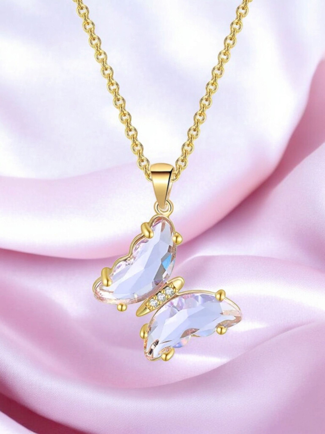 Nilu's Collection Rose Gold-Plated Cubic Zirconia Studded Butterfly Pendant With Chain