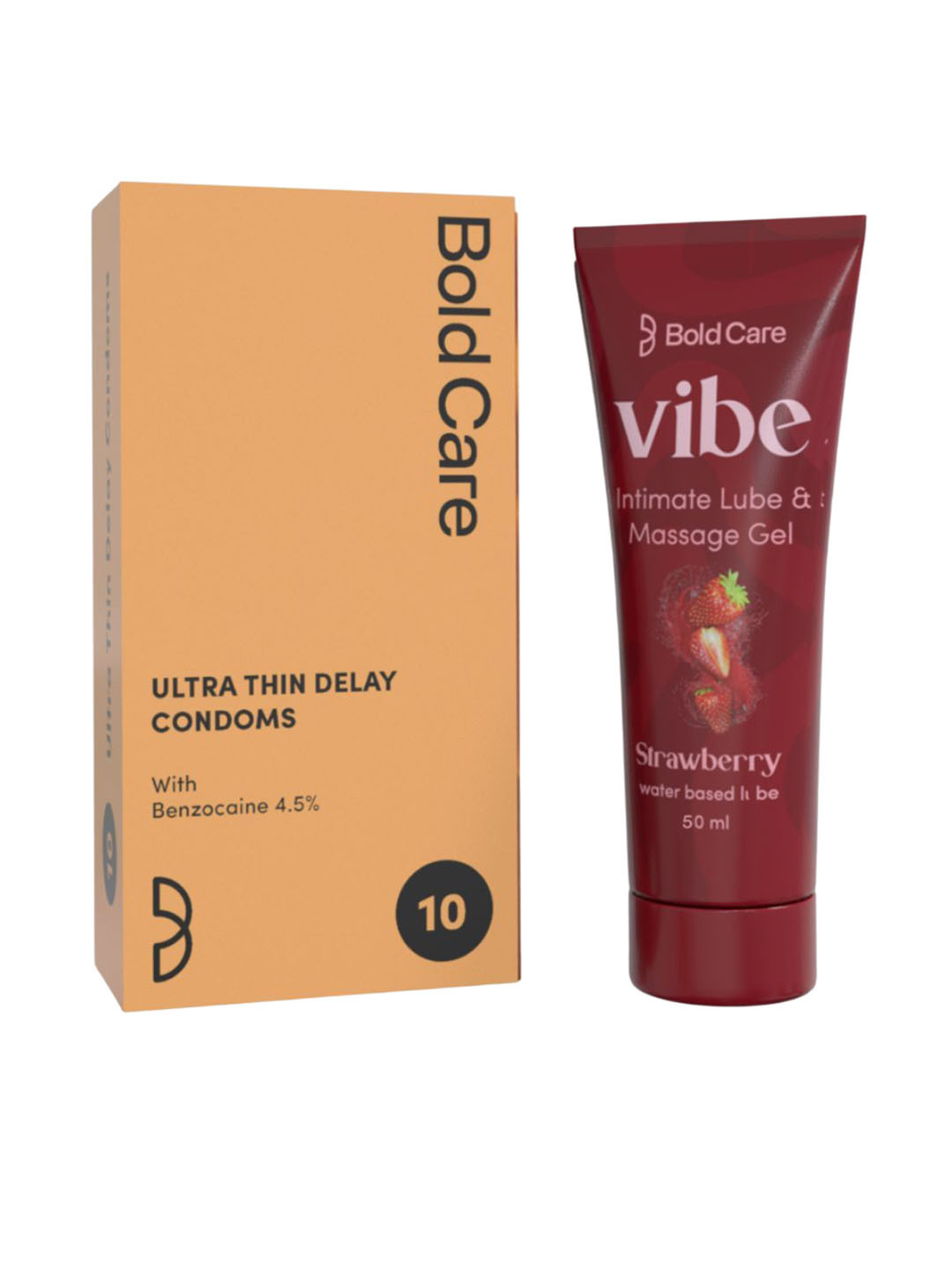 Bold Care Set Of Vibe Strawberry Intimate Lube 50ml With Ultra Thin Delay Condoms 10 Pcs