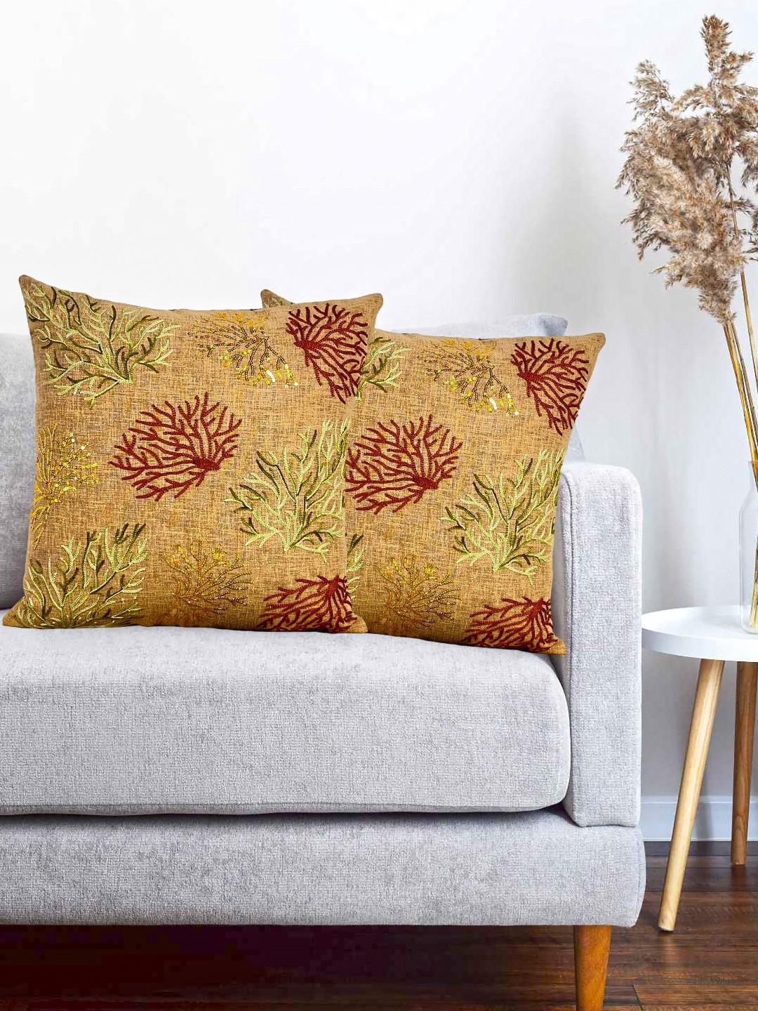 Vinayaka Fab Beige And Red 2 Pieces Floral Embroidered Linen Square Cushion Covers
