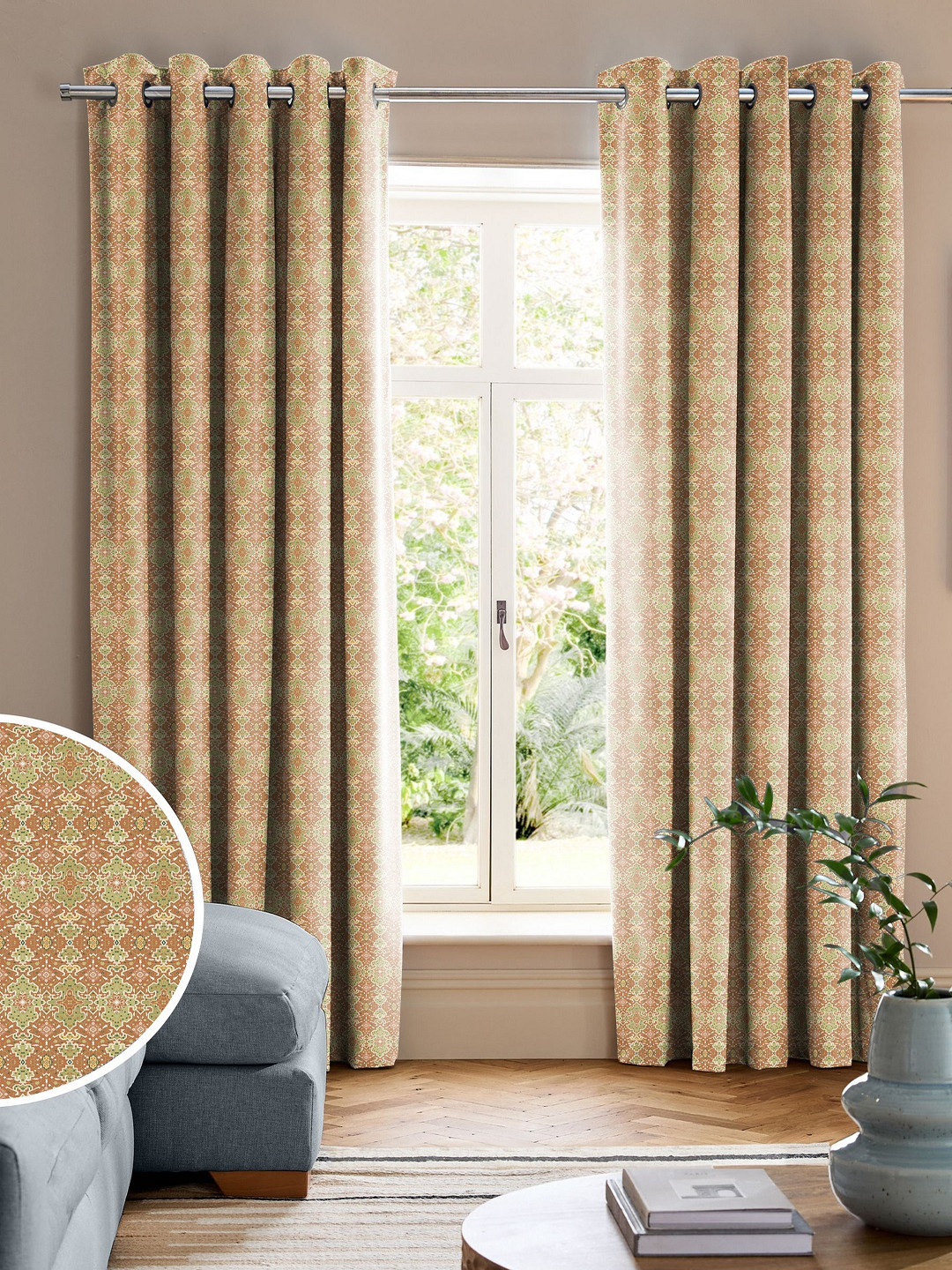 CASABLEU Anthem Isla Orange 2 Pieces Ethnic Motifs Printed Room Darkening Door Curtains