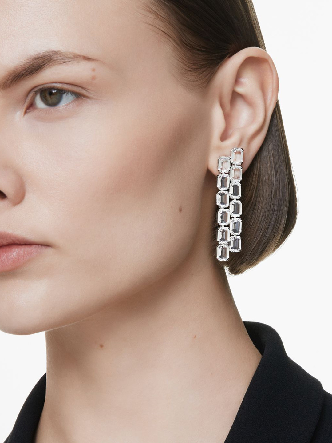 SWAROVSKI Rhodium-Plated Crystal Stones Studded Square Shaped Drop Earrings