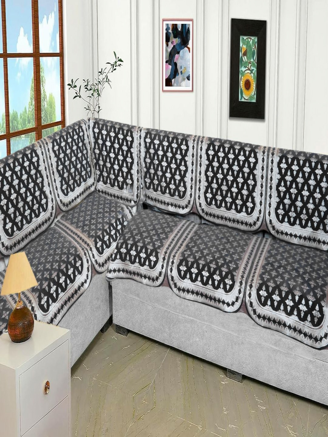 Fashion Throw Grey & White 6 Pieces Floral Printed L-Shaped Jacquard Sofa Covers