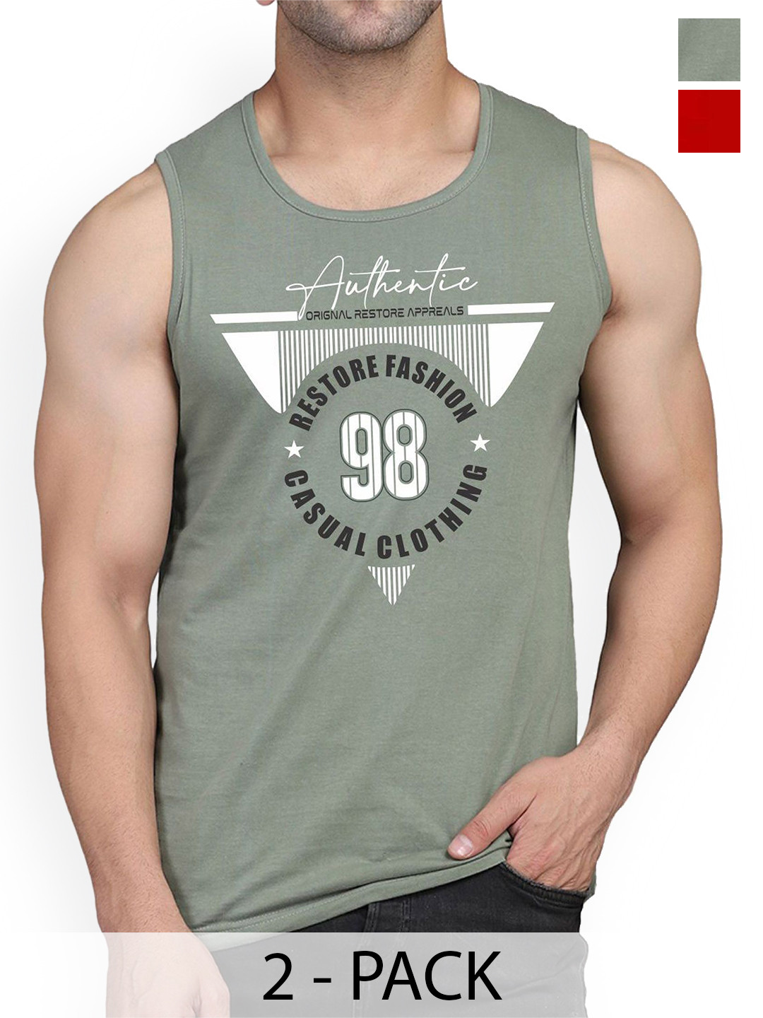 WOOSTRO Pack Of 2 Printed Sleeveless Innerwear Vests RS26 CMB (98 RED) (98 LGTGREEN)