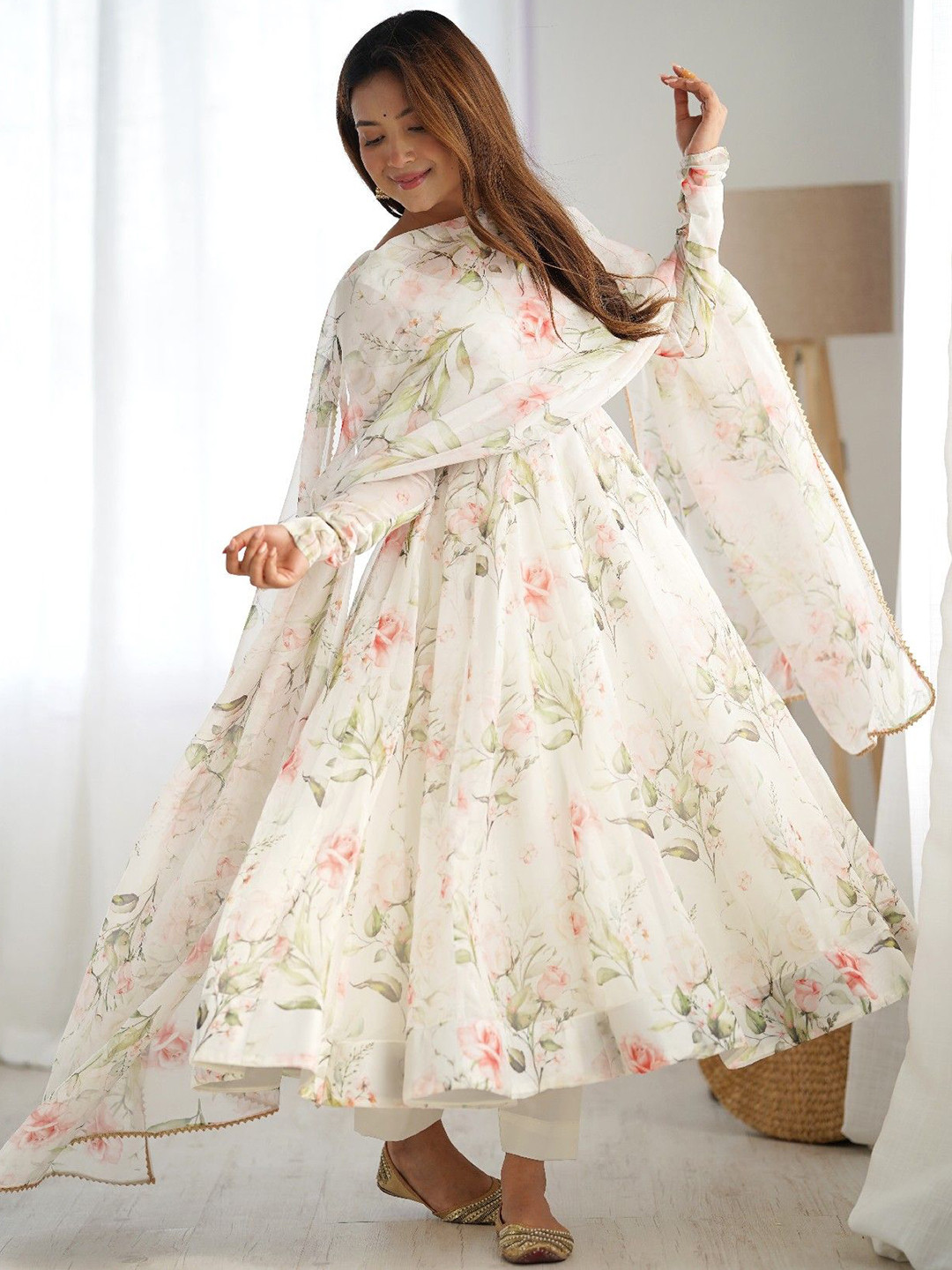 Yara Creation Floral Printed Pure Soft Organza Silk Anarkali Kurta With Trousers & Dupatta