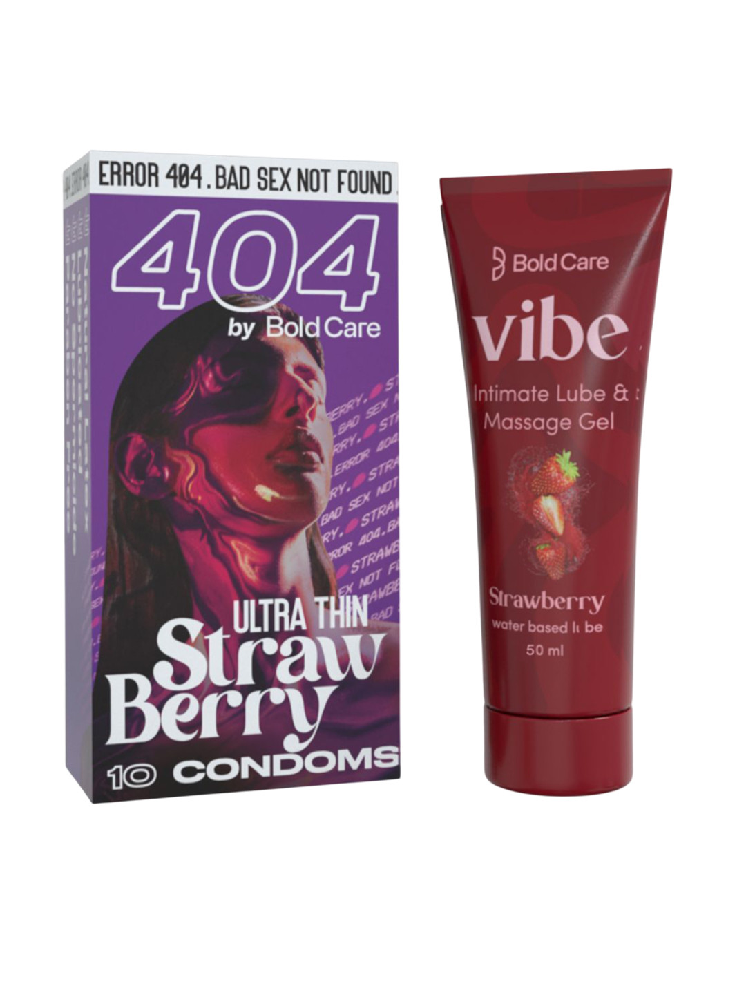 Bold Care Set Of Vibe Strawberry Intimate Lube Gel 50ml With 404 Strawberry Condoms 10Pcs