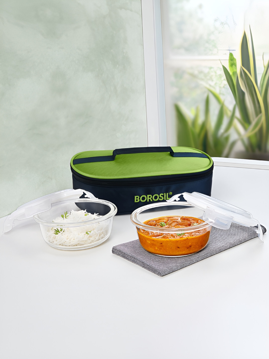 BOROSIL Alfa Green Solid Glass Microwave Safe 3PCs Lunch Box With Spoon and Fork