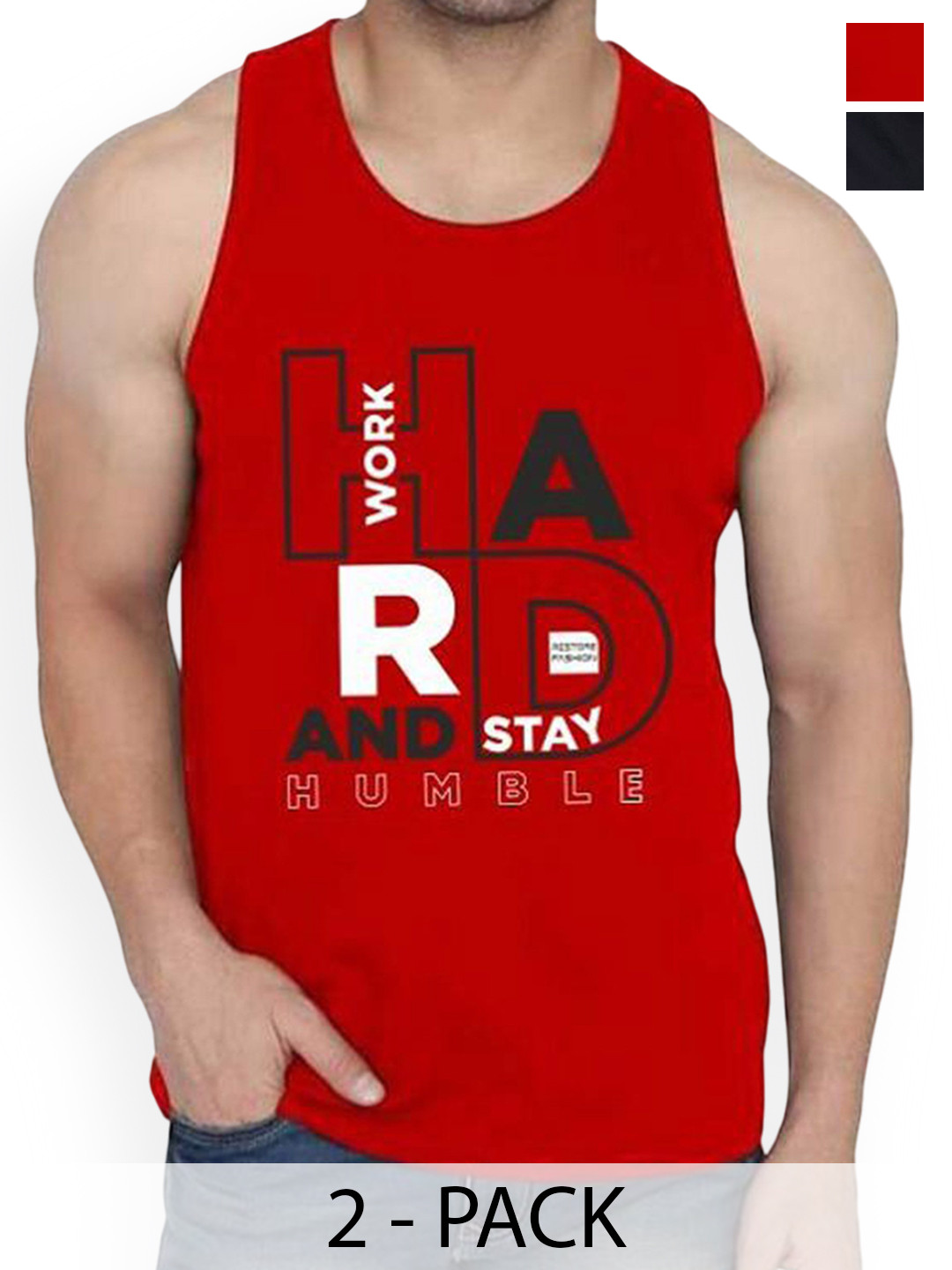 WOOSTRO Pack Of 2 Printed Gym Vests RS26 CMB (HARD RED) (98 BLACK)