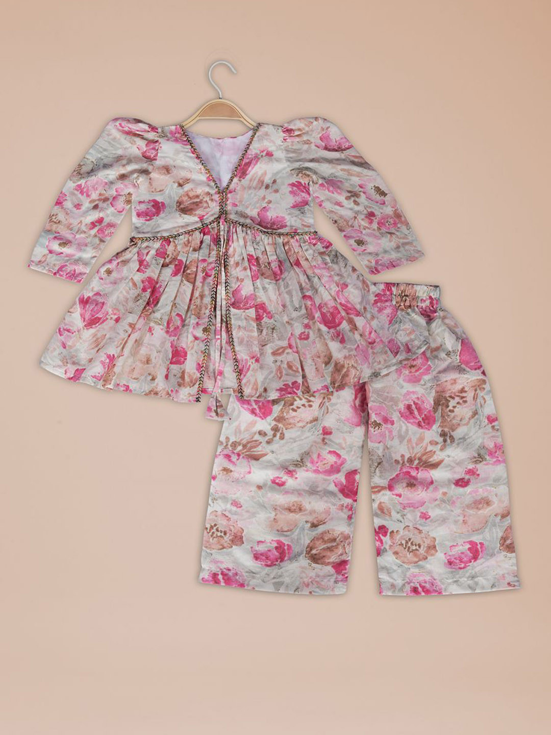 Anneca Girls Floral Printed Puffed Sleeves Empire A-Line Cotton Silk Kurti With Palazzo