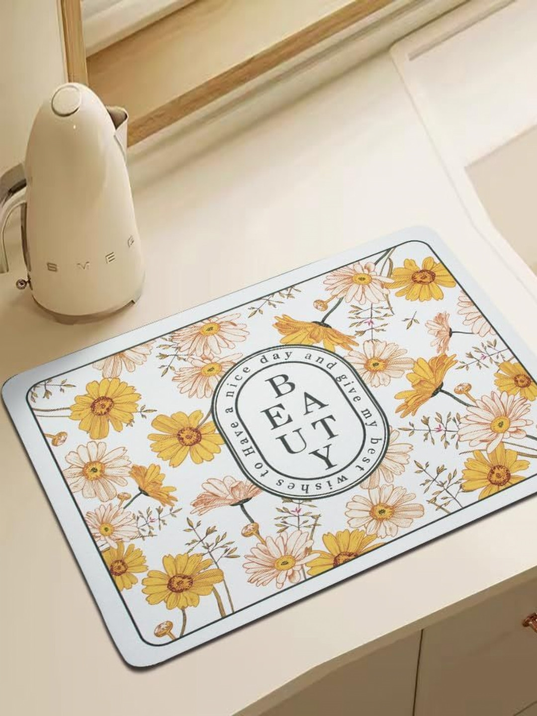 FAVRIA Yellow & White Printed Dish Drying Mat