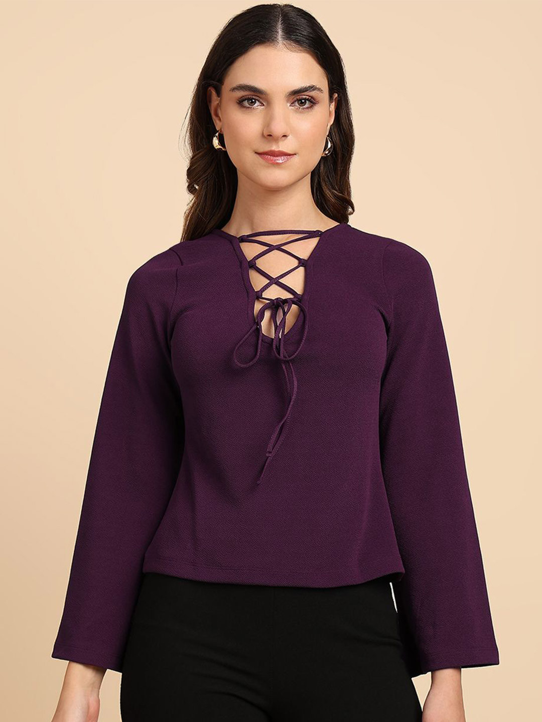 SAFFE Women Tie-Up Neck Flared Sleeves A-Line Top