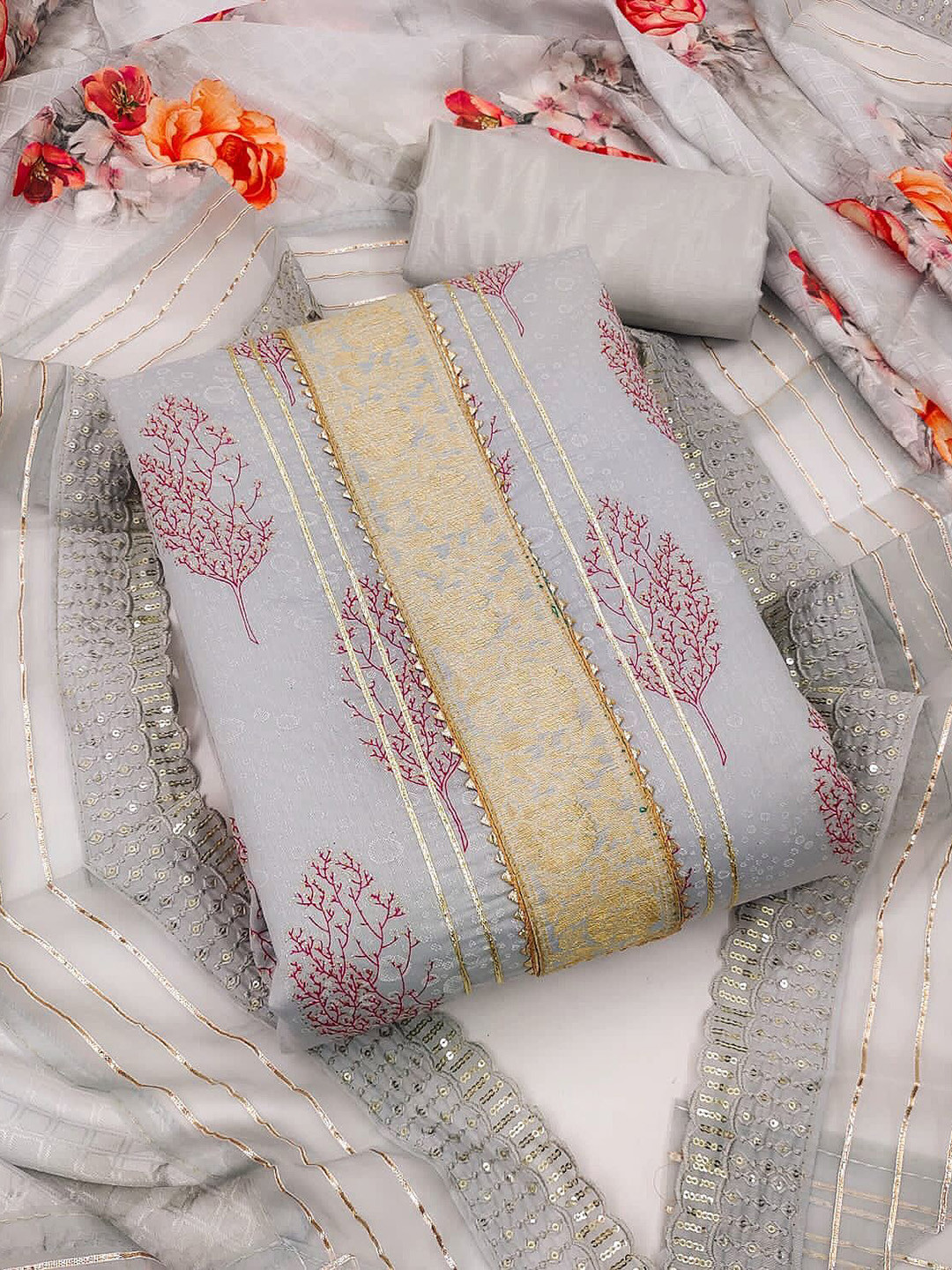 KALINI Floral Printed Silk Chiffon Unstitched Dress Material