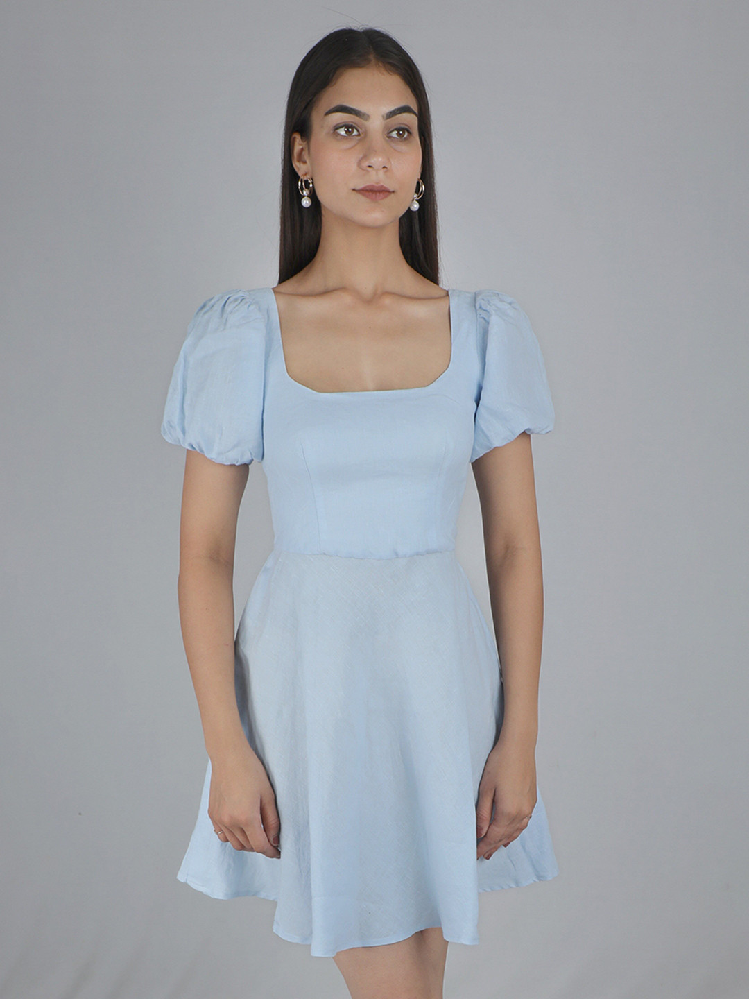 House of Harakh Women Flutter Sleeve Linen Fit & Flare Dress