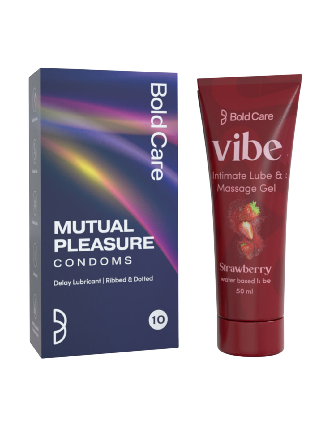 Bold Care Set Of Vibe Strawberry Intimate Lube Gel 50ml With Mutual Pleasure Condoms 10Pcs
